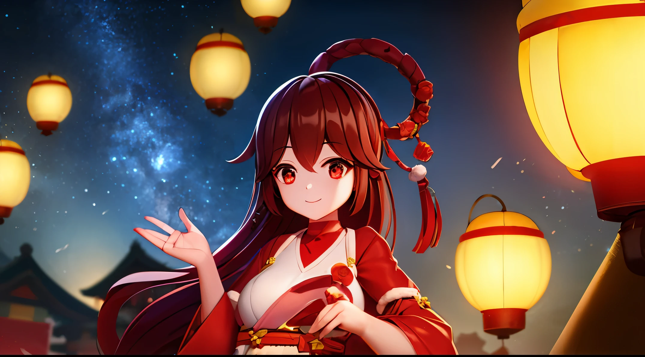 one-girl,Candied haws in hand,Wearing a plush cotton jacket,temple fair,lantern statue,The girl is smiling,It's evening,There is a big one, moon in the sky,ambient lights,Noisy