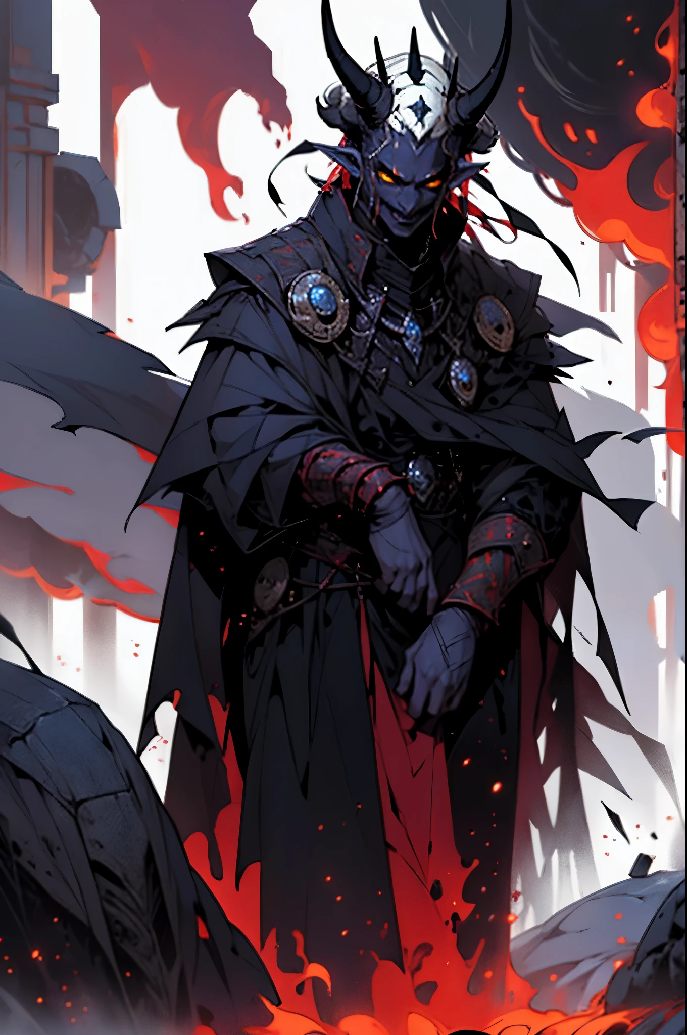 The Man with the Gray Skin, demon, A devil with horns and curls that grow out of his forehead, red skin, Yellow eyes, tiefling, Devil's Tail.