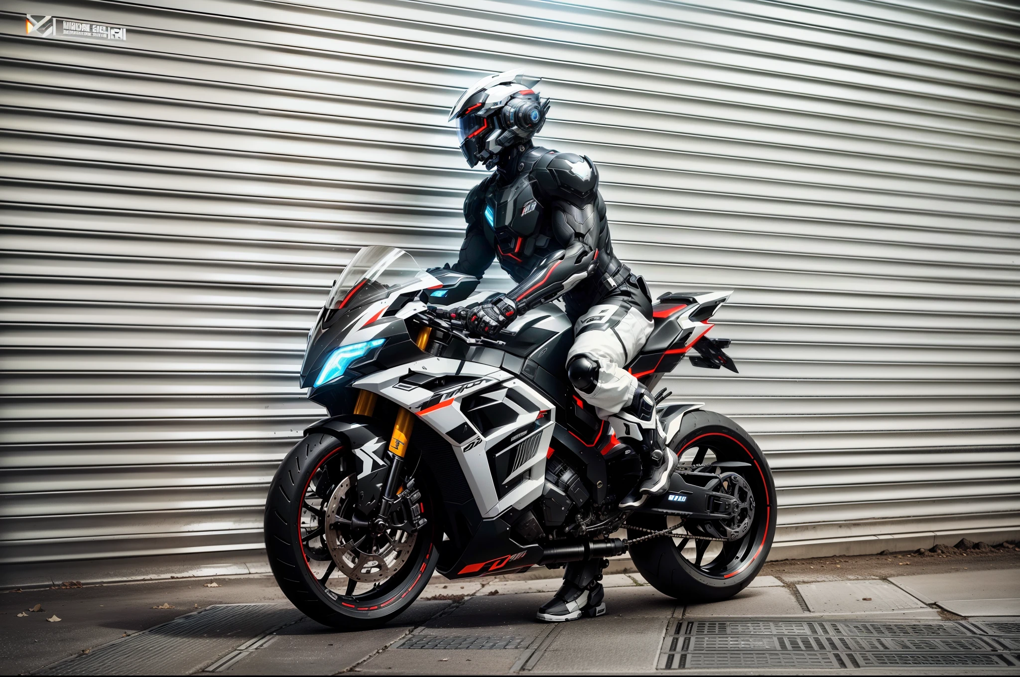 Handsome full body black mecha white short hair cyber handsome warrior, black cyber mechanical motorcycle, high-tech black full surround helmet, white short hair, Nousr, biomechanics, MSHN robot man, high-tech helmet, surreal, steel, complex design, crazy details, fine details, extremely clear lines, cinematic lighting, photo realism, detailed masterpiece
