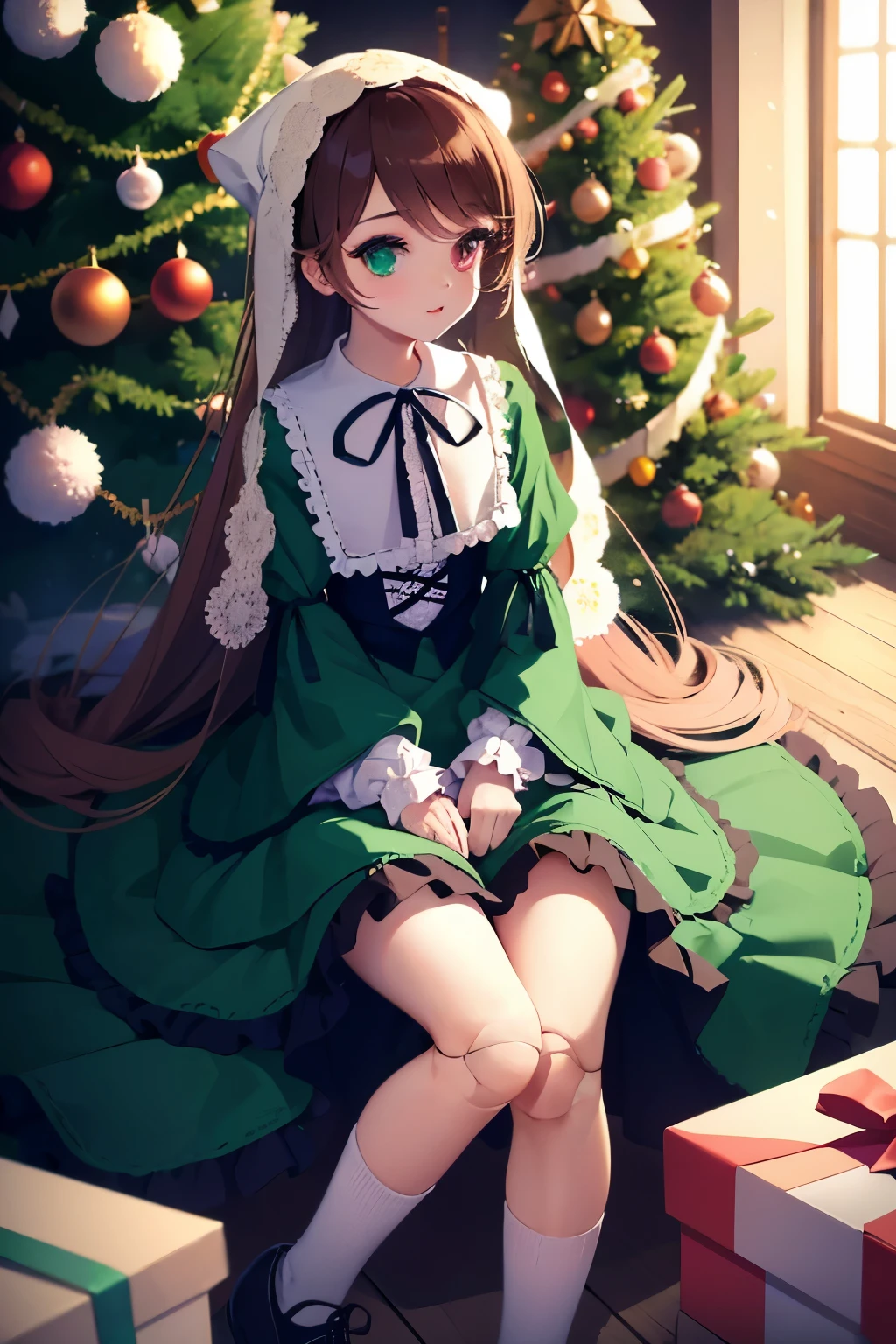 tmasterpiece,hiquality,bonnet, head scarf, Heterochromia, green dress, neck ribbon, White Double Drill Socks, Shoes,doll joints,New Year,Christmas tree in the background,New Year's atmosphere,Gift boxes,signature Happy New Year 2024