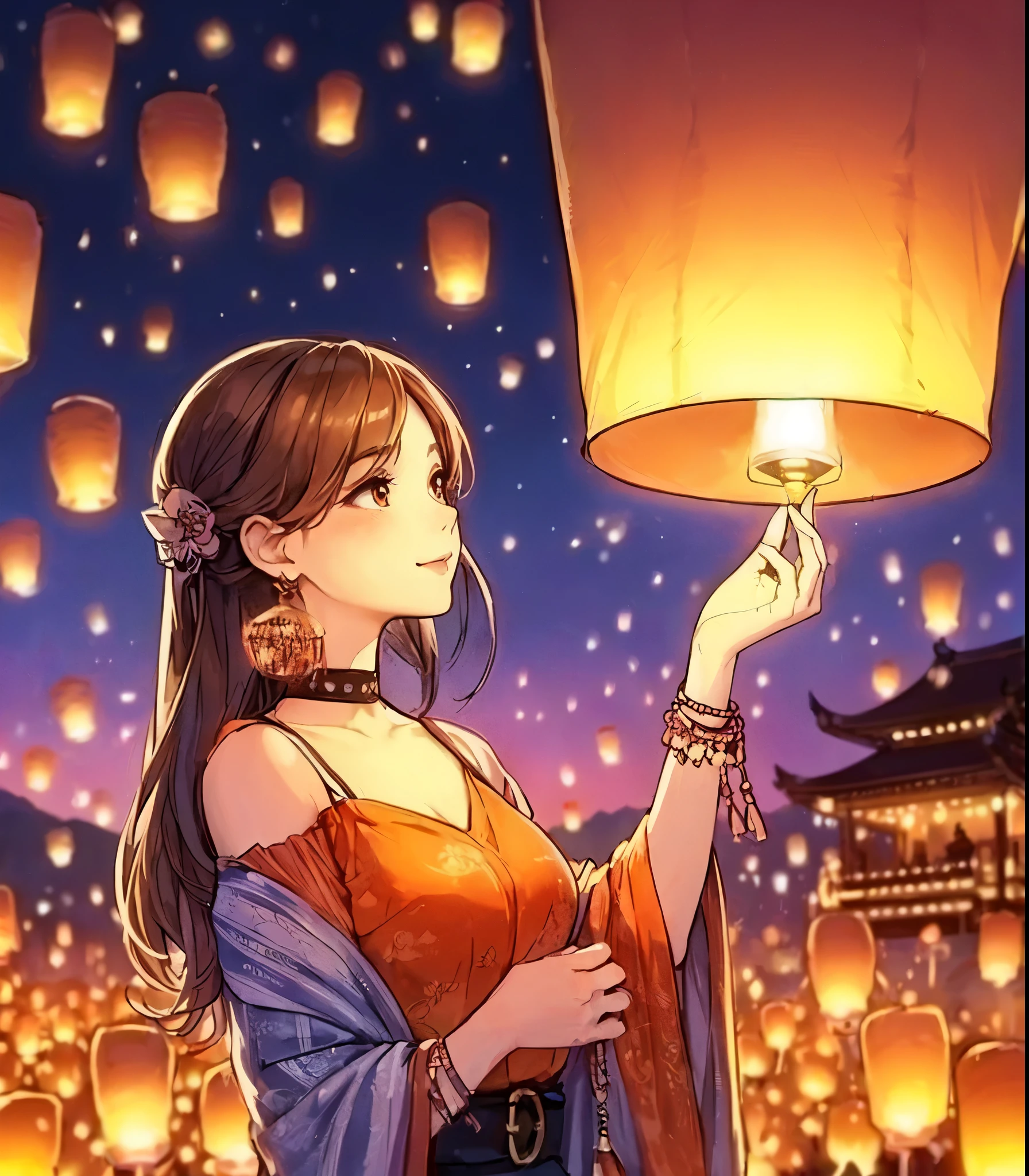 1lady solo, ((releasing a lantern:1.2) into the night sky), (traditional Thai Siwalai costume), mature female, /(brown hair/) bangs, blush kind smile (eyes sparkling with fascination:1.1), (masterpiece best quality:1.2) delicate illustration ultra-detailed, large breasts BREAK (floating lanterns:1.2) glowing, (night sky filled with countless lanternREAK (Kom Loy festival outdoors) Chiang Mai, (New Year's Day), crowded