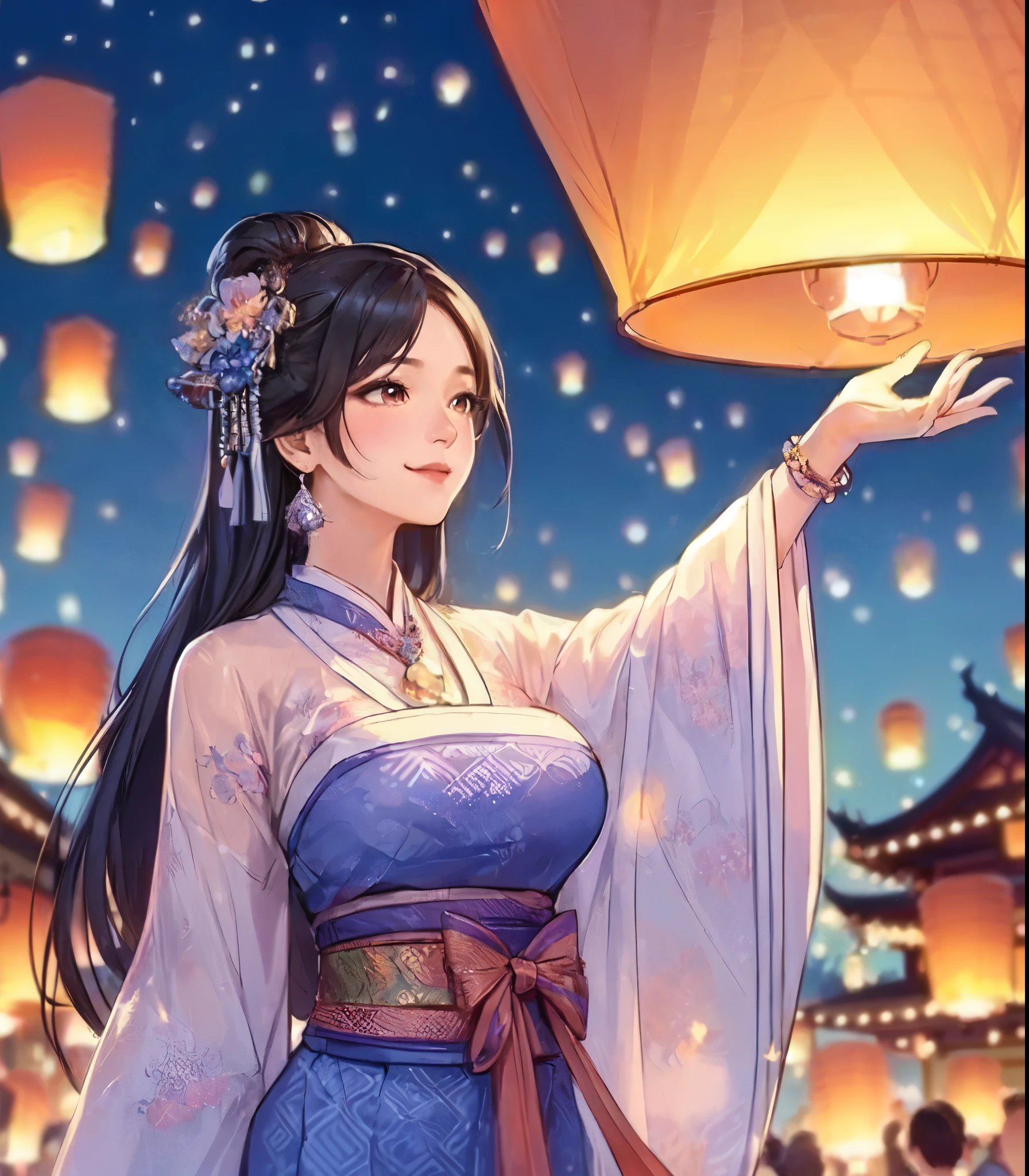 1lady solo, ((releasing a lantern:1.2) into the night sky), (traditional Thai Siwalai costume), mature female, /(black hair/) bangs, blush kind smile (eyes sparkling with fascination:1.1), (masterpiece best quality:1.2) delicate illustration ultra-detailed, large breasts BREAK (floating lanterns:1.2) glowing, (night sky filled with countless lanternREAK (Kom Loy festival outdoors) Chiang Mai, (New Year's Day), crowded