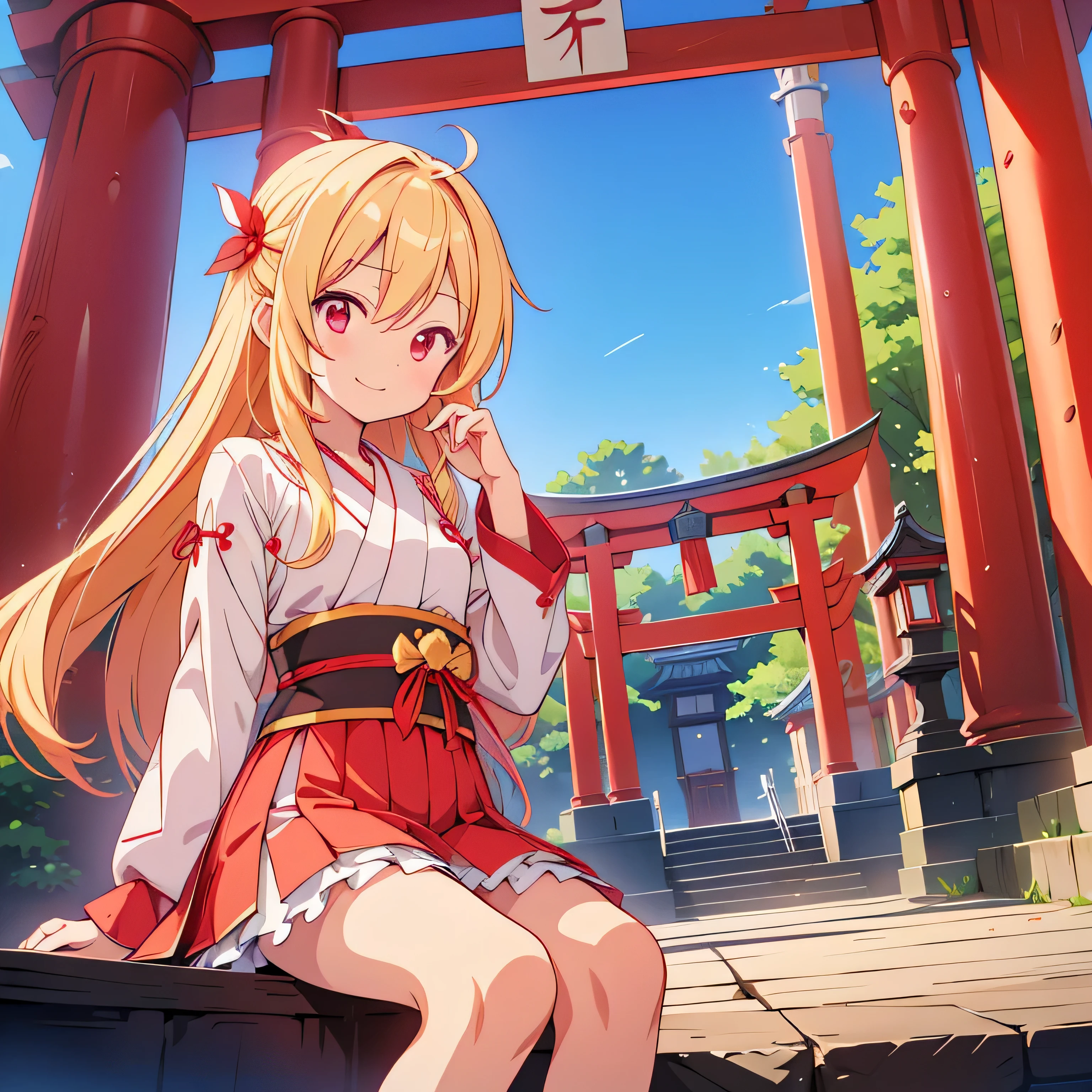 Ichigo Hoshimiya、Red Eyes、a blond、shrine maiden clothe、shrines、A smile、currency