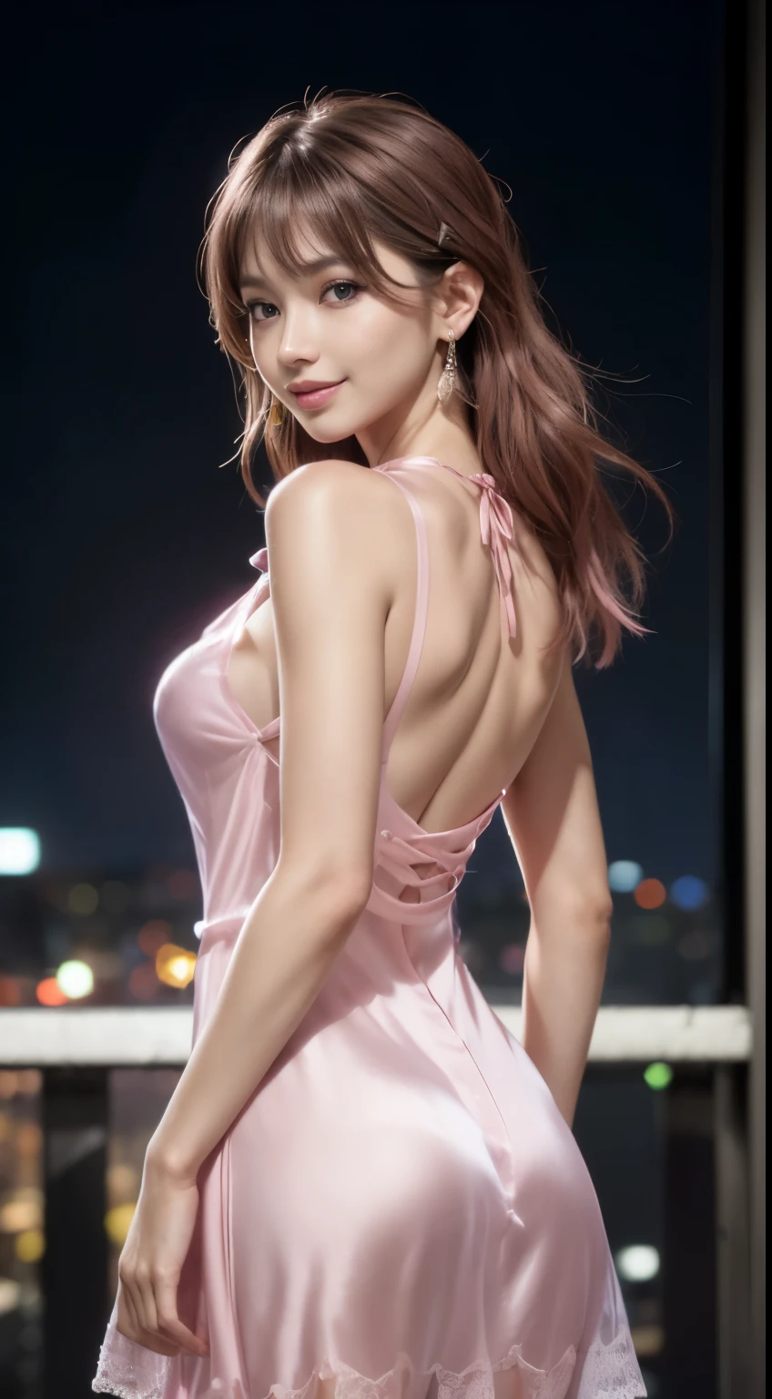 8K, tmasterpiece, RAW photogr, Best quality at best, realisticlying, extremely detailed CG unity 8K wallpaper, depth of fields, 电影灯光, lens flare glow, Ray traching, (Extremely beautiful face, beautifullips, pretty eyes), Intricately detailed face, ((Ultra-delicate skin)) 1 girl, in the darkness nigth, deep shading, Beautiful Korean girl, K-pop idol, 1 girl, (Very slim slender fit-muscled body:1.3), ((looking at viewert)),(Hefty Smile:1.3), (Hot pink shirt), (Sleeveless Fashion City Night, nigth, (neonlight), (vague background), Fashion Street Night),(No one is in the background:1.3), Beautiful earrings, bangle, choker necklace, lacepantyhose, Clear eyes, foot on foot, (pale-skinned), (Big eyes looking forward, ((upperbody shot)), ((silk pink dress:1.3)),(brown hair),((Tight lace-up dress)), (see through), (looking at viewert:1.3) avas, Very slim, medium, Hermès bags , Turn Back, rear projection, see through
