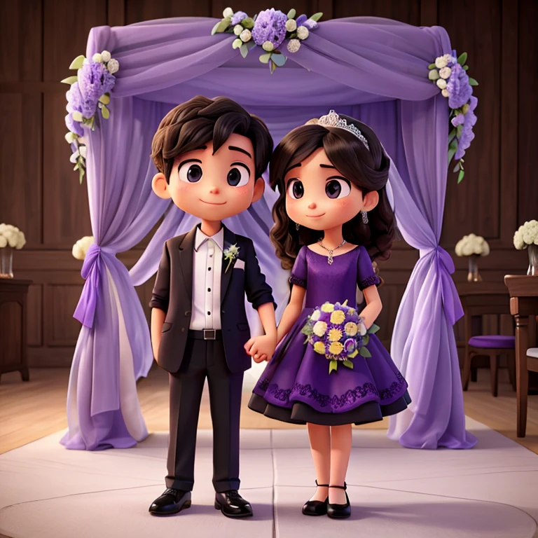 Wedding cuple boy in black shirt girl in purple dress