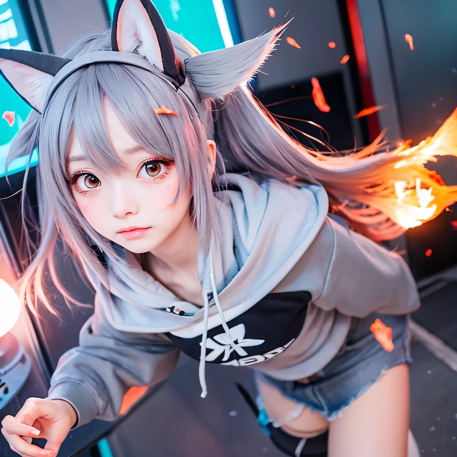 Anime style、girl with、gray hoodie、Denim skirt、red hair and eyes、Fox ears grow、flame particles