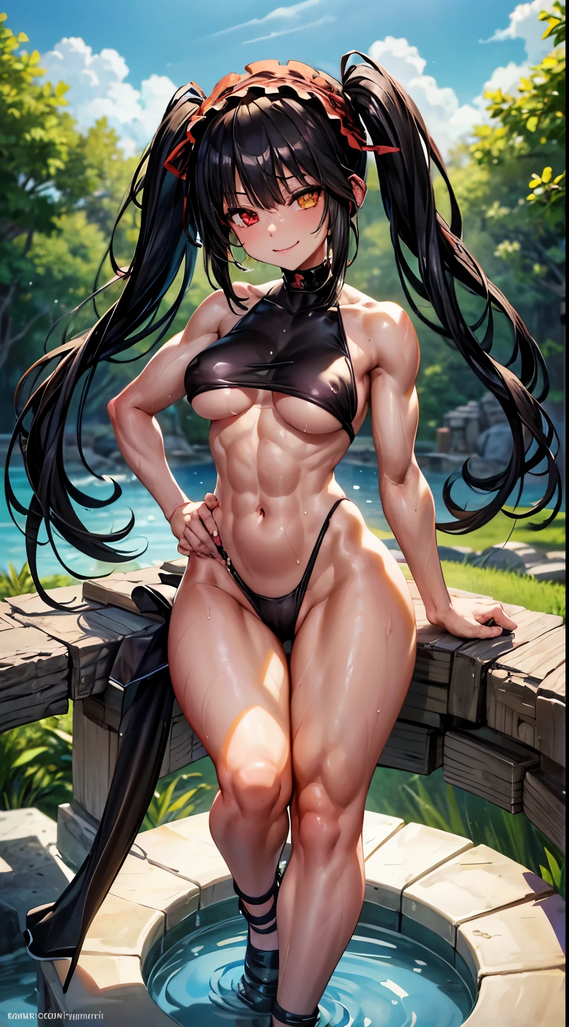 1 girl, bare shoulders, black hair, medium breasts, (muscular legs), (bare legs), white skin, muscular belly, wide hips, thin waist, (((clock eyes))), in the pool with the hot sun , (naked showing her muscles), (((being sexy))), full body, hairband, (((all wet))), (standing), heterochromia, black high heel shoes, ta headband hair, long hair, red eyes, mischievous smile, (sly look), only, symbol-shaped pupils, (Kurumi tokisaki), (twintails), yellow eyes