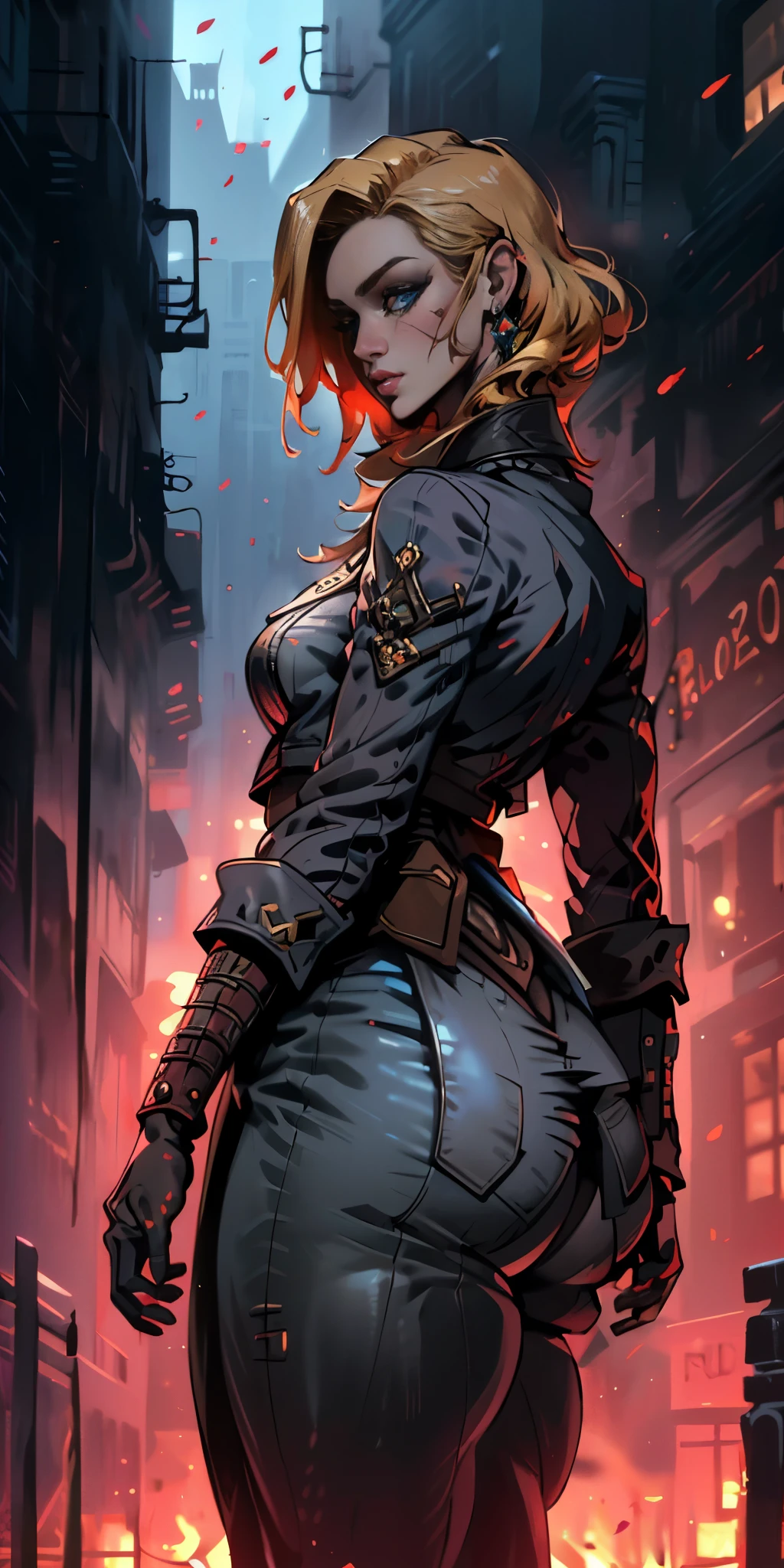 unparalleled masterpiece, ultra realistic 8k CG, perfect artwork, (1girl:1.1) , solo, ((perfect female figure)), (nsfw), looking at viewer, mature female, bimbo (android 18) standing, (teasing), best quality:1.1 , seductive posture, sexy pose, alluring, (beautiful), (curvy), (thick), blonde hair, (blue eyes:1.2), short hair, earrings, jewelry, denim vest, open vest, black pantyhose, black shirt, denim skirt, striped long sleeves, blue skirt, toned legs, fit, (abs:1.1), (big butt:1.4), peach ass, (athletic body:1.2), (large breasts:1.3, (big_breasts:1.1), wide_hips:1.5, narrow waist, small waist:1.5, slender body:1.2, thick thighs:1.3), (shiny skin:1.2), (hdr), (street:1.2), Nikon D850 film stock photograph Kodak Portra 400 camera f1.6 lens, rich colors, lifelike texture, dramatic lighting, unreal engine, trending on ArtStation, by Gerald Brom, by Frank Frazetta, by Luis Royo, by Julie Bell, by Boris Vallejo