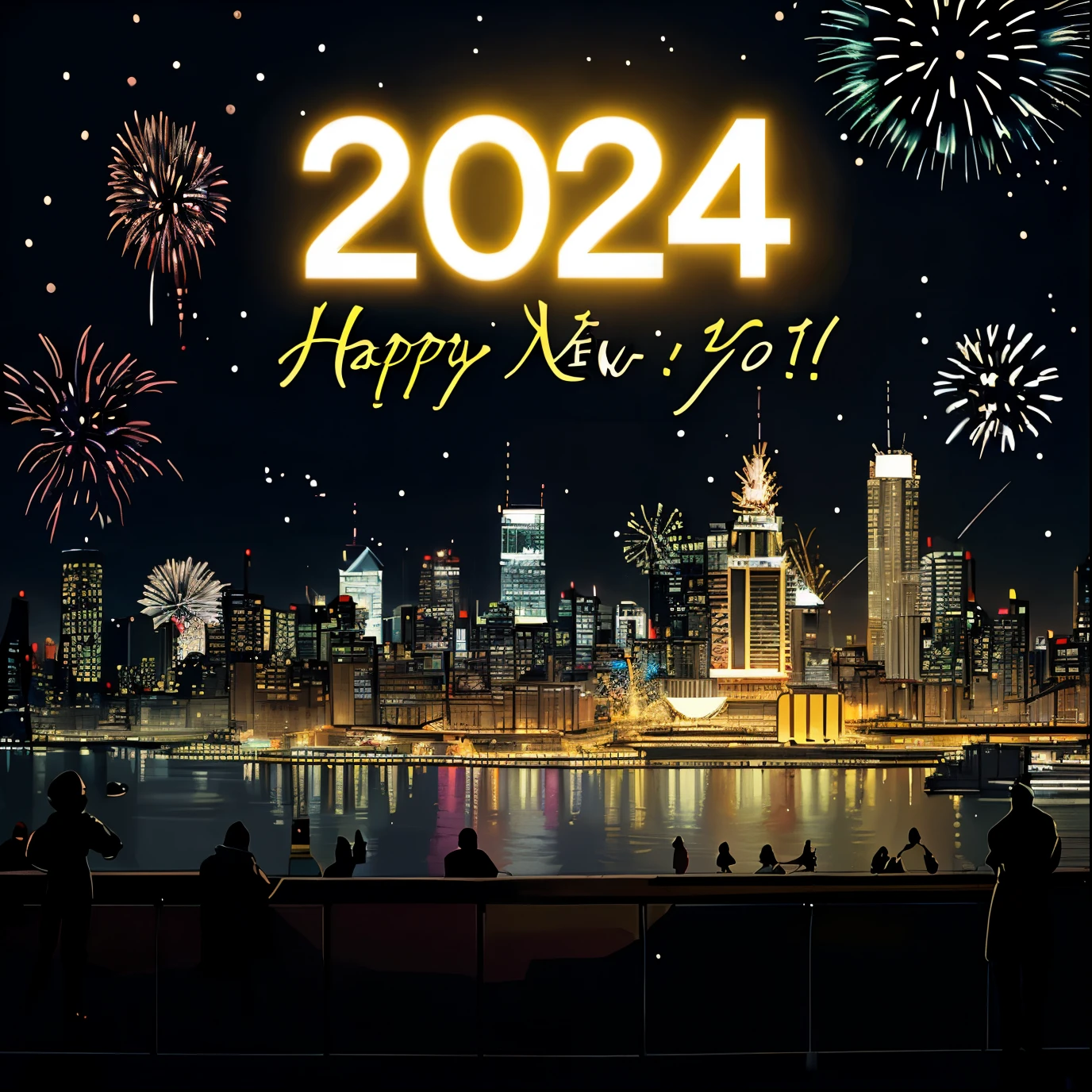happy new year, city buildings, fireworks