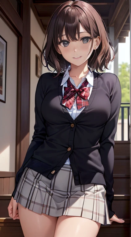 ((masutepiece, Best quality, high resolucion, nffsw, Pixel parfait,  4K, nffsw, nffsw))), 1fille dans, Single person, seulement, Beautie、corps entier vu、 ((Cheveux de vague moyenne, frange, cheveux bruns)), ((Yeux bruns, de beaux cils, realistic eyes)), ((Detailed face, rougissant:1.2)), ((texture lisse:0.75, lifelike texture:0.65, photoreallistic:1.1, style anime CG)), seins moyens, Angle dynamique, corps parfait,  ((red bowtie, Uniforme scolaire, veste noire, veste ouverte, Cardigan brun, chemise blanche, Jupe noire, Plaid skirts)), Escalier de ville、Levant les yeux du bas des escaliers、Sourire de panic très embarrassant, a fait demi-tour、Se pencher en avant、(The vent returns the skirt and exposes the clothes........................、Toucher les fesses à deux mains、Culotte dentelle fleurie rose)、