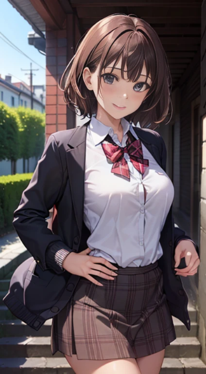 (masterpiece:1.3, top-quality, ultra high res, ultra detailed), (realistic, photorealistic:1.4), beautiful illustration, perfect lighting, natural lighting, colorful, depth of fields, surrealism,
beautiful detailed hair, beautiful detailed face, beautiful detailed eyes, beautiful clavicle, beautiful body, beautiful chest, beautiful thigh, beautiful legs, beautiful fingers, shiny skin, babyface,
looking at viewer, 1 girl, japanese, high school girl, (perfect anatomy, anatomically correct, super detailed skin), cute and symmetrical face, perfect face, perfect eyes,
(middle hair, bob cut, straight hair, copper tone hair), swept bangs, brown eyes, drooping eyes, big eyes, long eyelashes, (large breasts:1.2, seductive thighs), slender, outstanding style,
((detailed cloth texture, white collared shirt, purple plaid pleated skirt, purple plaid bow tie), white socks, black loafer),
(beautiful scenery), evening, (park), walking, (glowing eyes, lovely smile, open mouth),