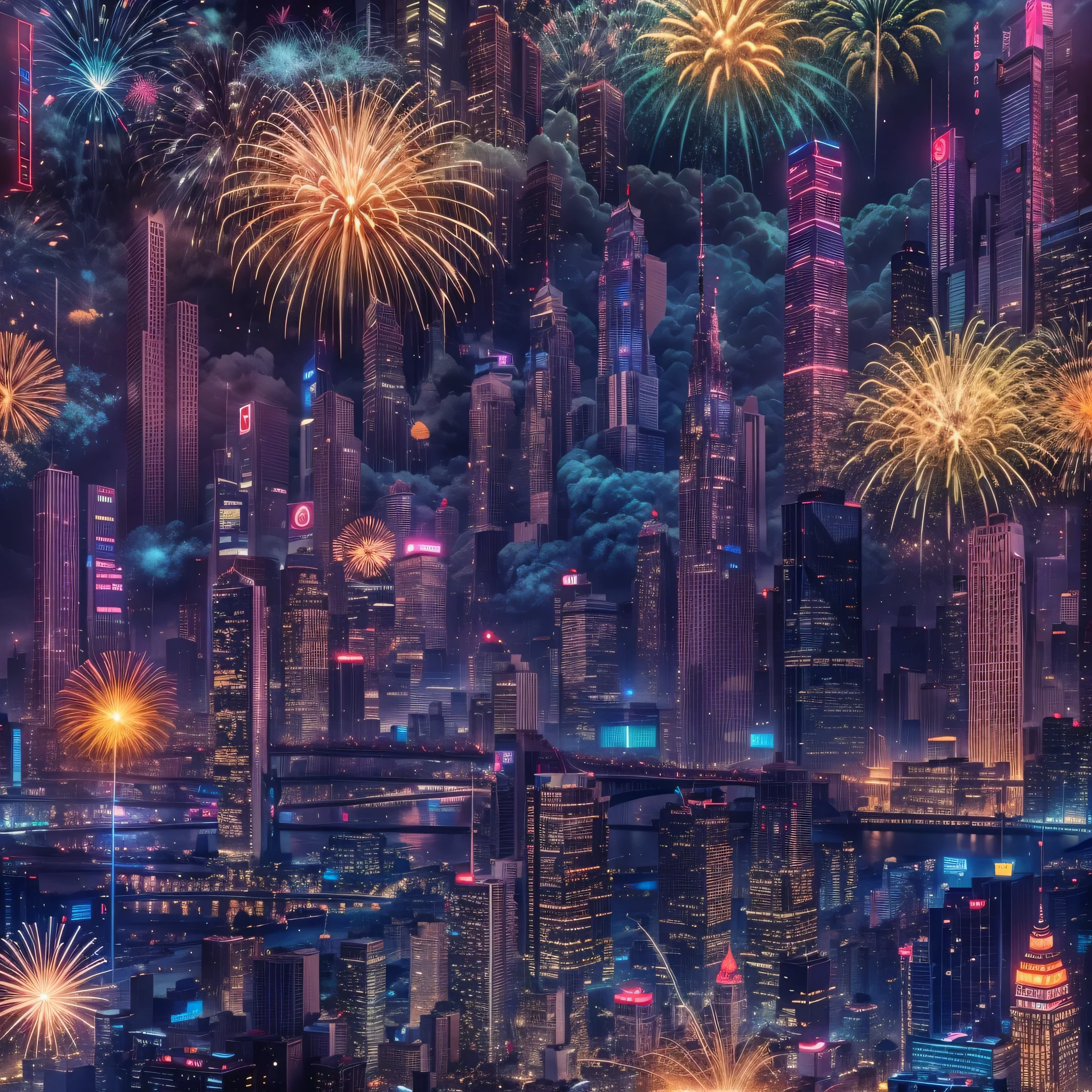 Cyberpunk Technology City，nighttime scene，Gorgeous fireworks，water cruise，Skyscrapers on both sides of the river，The prosperous metropolis of the future，城市lamplight秀，Neon laser fireworks explode in the sky，Lots of fireworks，lamplight，