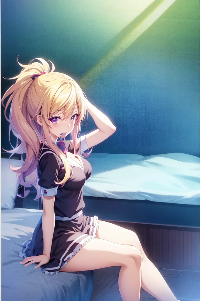 Anime character is sitting on the bed with his mouth open, Ecchi anime style, Ecchi, Twin-tailed, Anime Girls, 8K!!, splash art anime , hq artwork, pixiv 3dcg, (SFW) safe for work, anime maids riding early tanks, 4K], 4 k ], at pixiv, Kantai Collection Style, Happy!!!