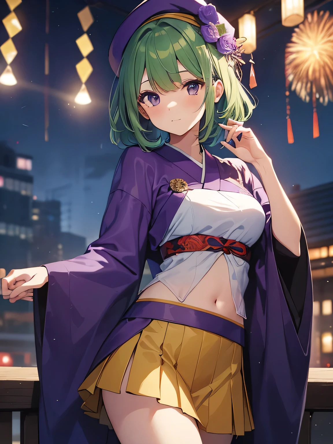 top-quality、extremely delicate and beautiful、(A girl)、Purple Eye、Green hair、small tits、short-haired、(Purple pointy hat)、Soio、kimono outfit、Kimono、shortsleeves、Purple skirt、Purple Wizard Robe、Navel、is standing、new years eve