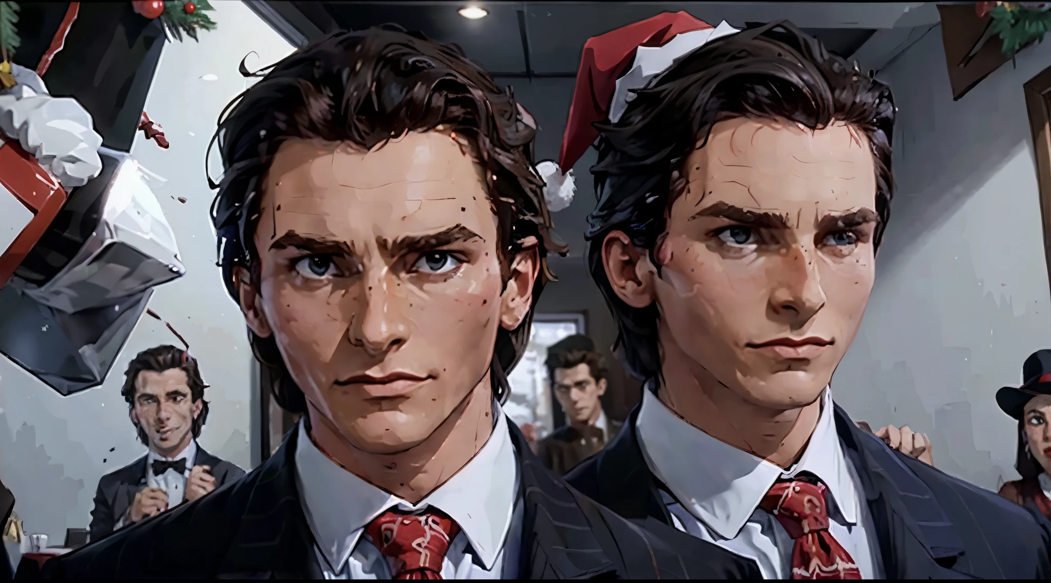 super quality, Гипер HD, Patrick Bateman from the film "American psycho", New Year, New Year's atmosphere, (Patrick Bateman wearing a Christmas hat:1.2)