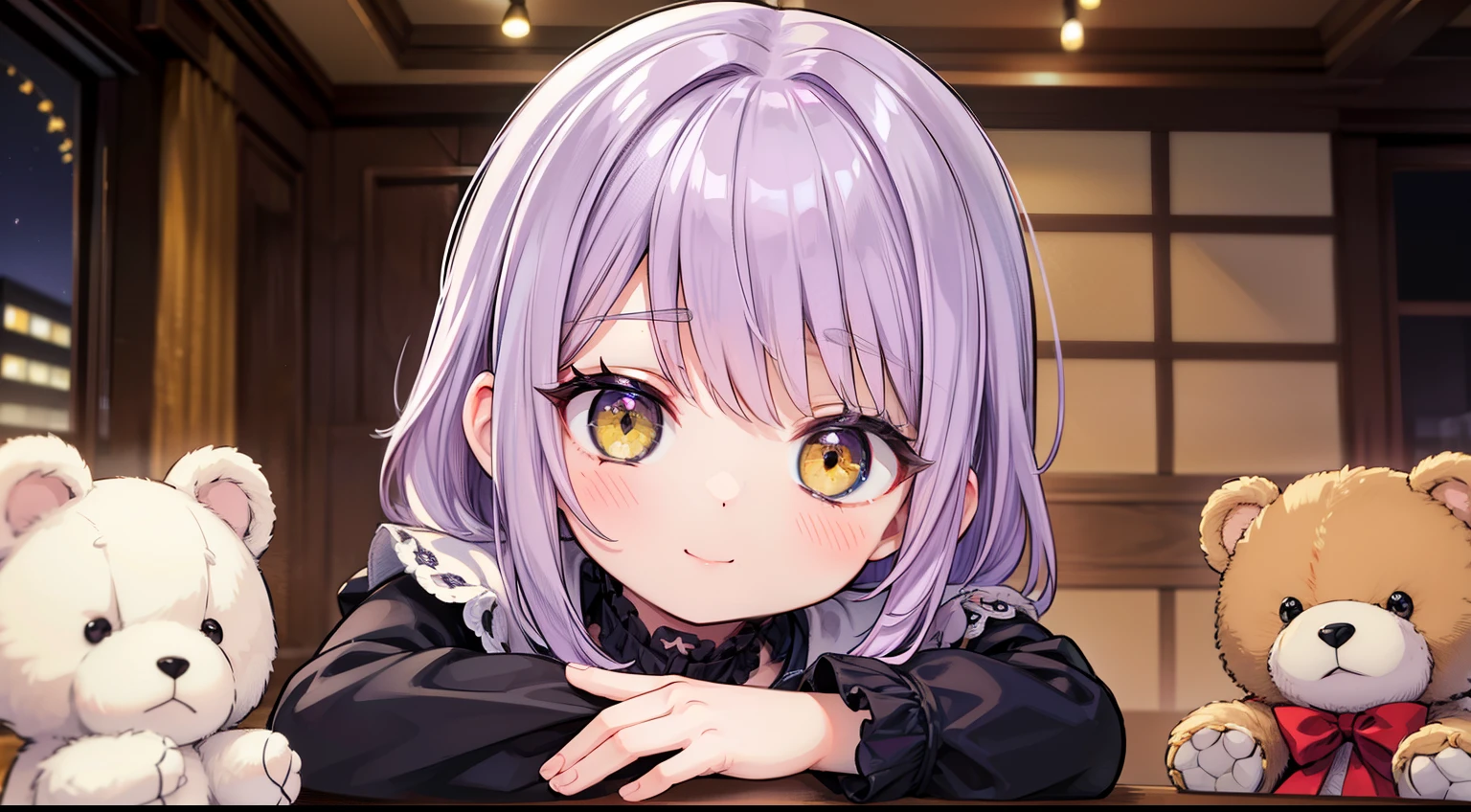 (masutepiece, Best Quality), Intricate details, 8K, Sharp focus quality) (Detailed skin:1.3) (Intricate details) (8K) (Detailed eyes) (Anime) Man's character, Soft hair, (Hair to the shoulders),Medium Hair、 (Purple hair), ((Yellow eyes)), アニメのMan's子, 素敵なMan's子, (Perfect face), Detailed eyes, Bold background, Detailed accessories, Man's,Close your mouth and smile、 A young man, Idol, dark color, pale skin, , Defined features, Gothic, Symbolism,Dark room, Cluttered room, Indoors, Detailed background,Hugging a white teddy bear、 Bold colors, bold outline, Sharp face, Nighttime, Night, Handsome, sleepy, Tired, drooing eyes
