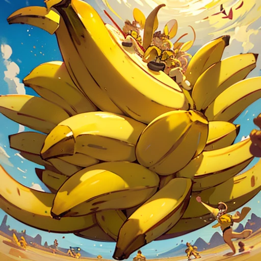 A banana parfait-covered pastry chef serving a giant banana、Amazing dynamism、Amazing Angle、Unstable buoyancy sandstorm、((((Many friendly giant bananas float closely together and chase you.))))、((surround each other&#39;giant banana))、
