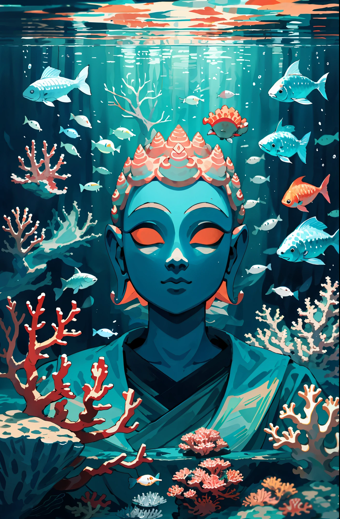 Portrait of Buddha , under sea , Coral , Sea floor , tides , area , fishes , Optical