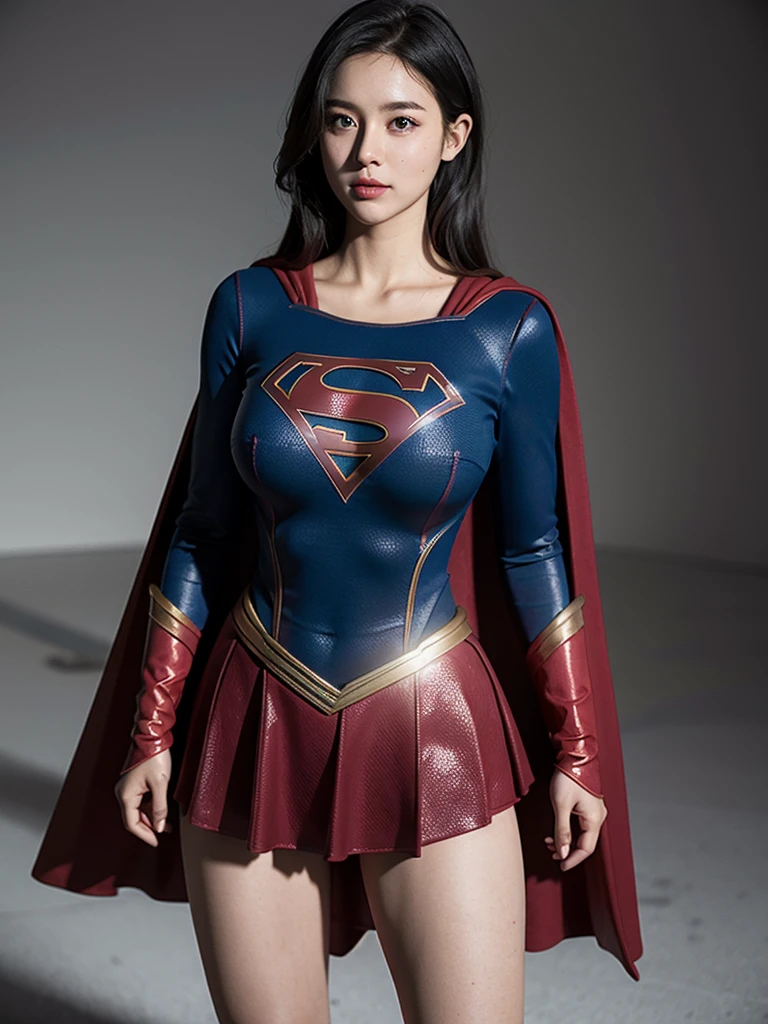 Woman body set huge breasts, Supergirl costume dress, short black hair