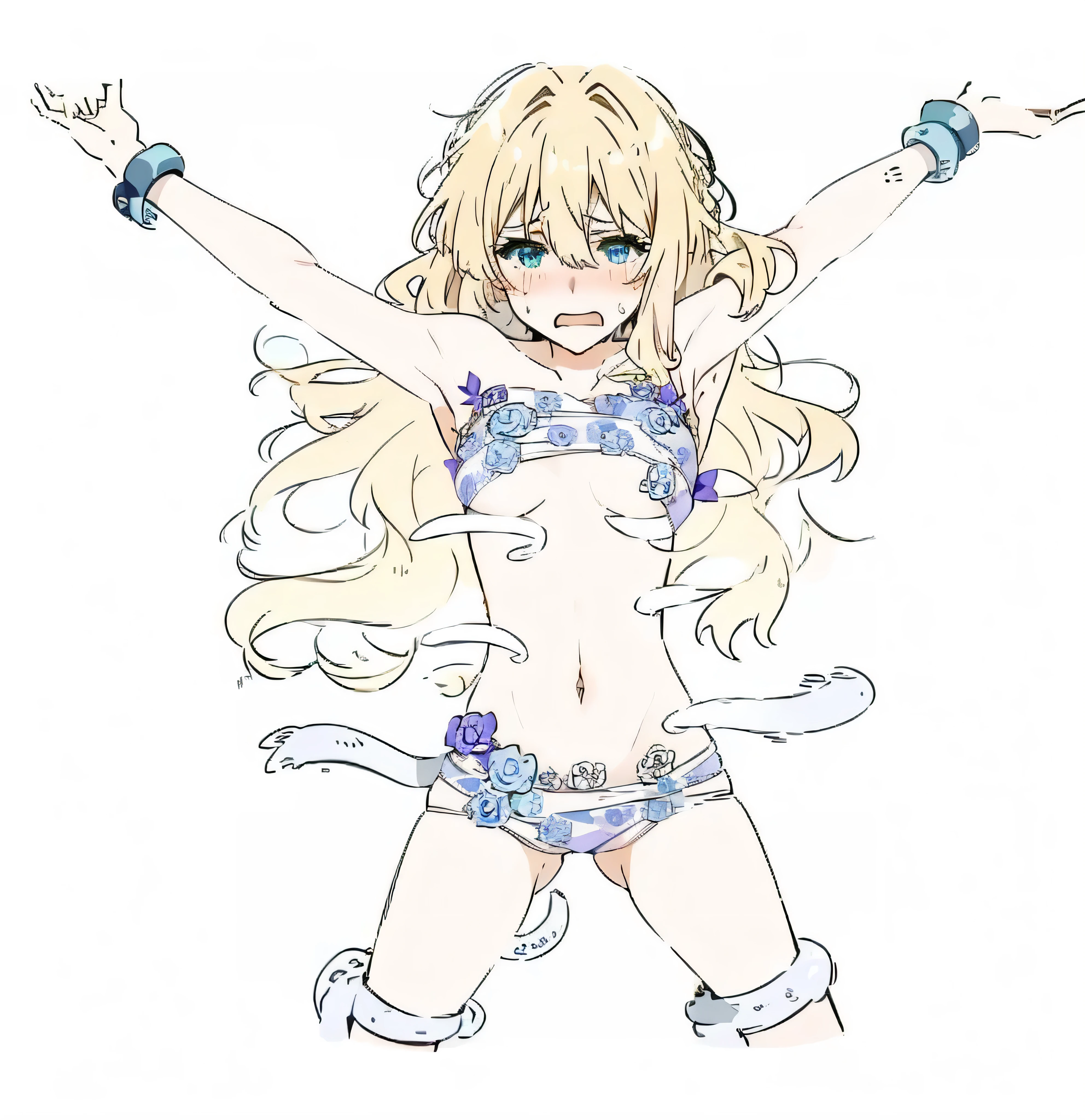 Tickling, lying, bonage, hate it, suffering, crying, begging, exhausted, blushes, humiliated, pleading, Violet Evergarden, long blonde hair, blue eyes, naked, tentacles