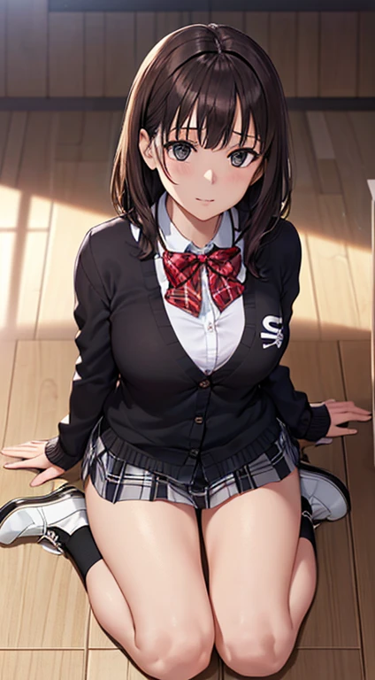 ((masutepiece, Best quality, high resolucion, nffsw, Pixel parfait,  4K, nffsw, nffsw))), 1fille dans, Single person, seulement, Beautie、corps entier vu、 ((Cheveux long, frange, cheveux bruns)), ((Yeux bruns, de beaux cils, realistic eyes)), ((Detailed face, rougissant:1.2)), ((texture lisse:0.75, lifelike texture:0.65, photoreallistic:1.1, style anime CG)), seins moyens, Angle dynamique, corps parfait,  ((red bowtie, Uniforme scolaire, veste noire, veste ouverte, Cardigan brun, chemise blanche, Jupe noire, Plaid skirts、je ne porte pas de chaussures、White Sox)), Des salles de classe sans personne、Asseyez-vous sur un bureau、baisser&#39;J&#39;ai enlevé mon pied du bureau..........、soir、、((Angle looking up from below))、Sourire de panic très embarrassant、(Soulevez la jupe avec votre main droite、Ouvrez les deux jambes、Culotte dentelle fleurie rose clair)、
