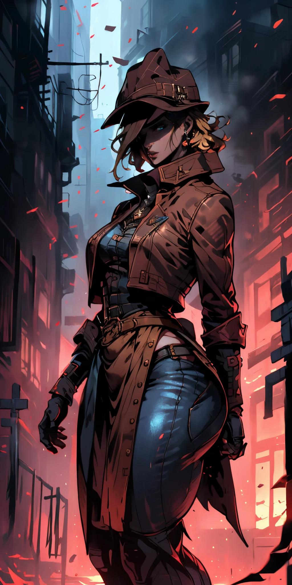 unparalleled masterpiece, ultra realistic 8k CG, perfect artwork, (1girl:1.1) , solo, ((perfect female figure)), (nsfw), looking at viewer, mature female, bimbo (android 18) standing, (teasing), best quality:1.1 , seductive posture, sexy pose, alluring, (beautiful), (curvy), (thick), blonde hair, (blue eyes:1.2), short hair, earrings, jewelry, denim vest, open vest, black pantyhose, black shirt, denim skirt, striped long sleeves, blue skirt, toned legs, fit, (abs:1.1), (big butt:1.4), peach ass, (athletic body:1.2), (large breasts:1.3, (big_breasts:1.1), wide_hips:1.5, narrow waist, small waist:1.5, slender body:1.2, thick thighs:1.3), (shiny skin:1.2), (hdr), (street:1.2), Nikon D850 film stock photograph Kodak Portra 400 camera f1.6 lens, rich colors, lifelike texture, dramatic lighting, unreal engine, trending on ArtStation, by Gerald Brom, by Frank Frazetta, by Luis Royo, by Julie Bell, by Boris Vallejo