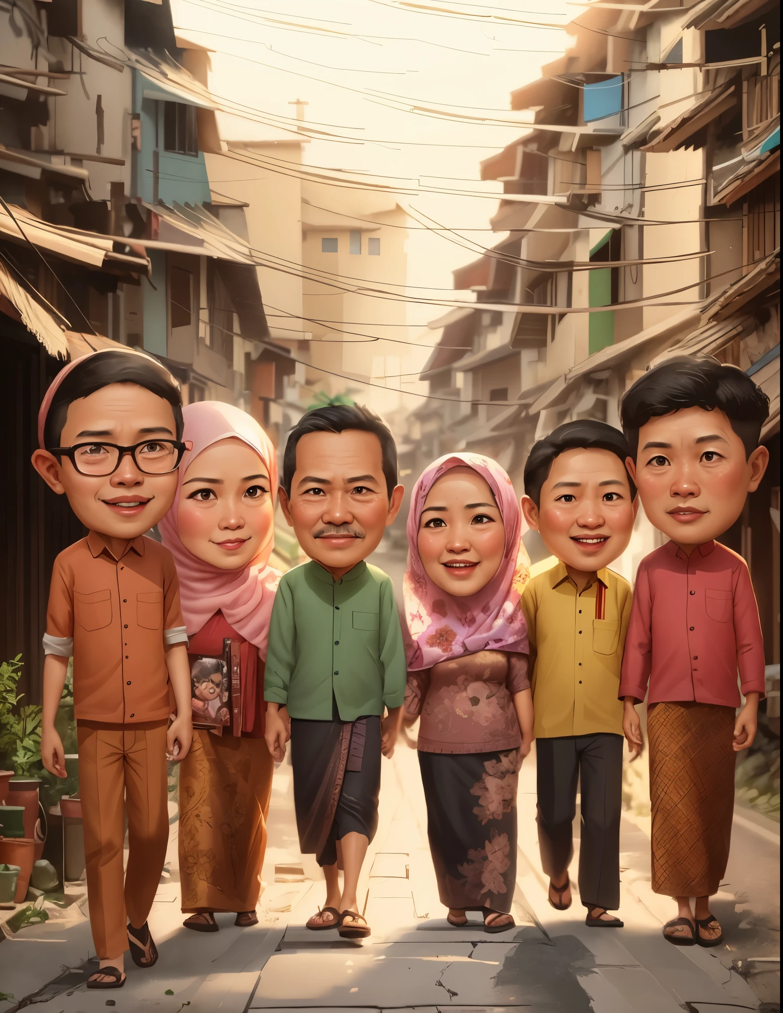 a cartoon picture of a family walking down a street with a , an indonesian family portrait, potrait, happy family, barong family, inspired by Rudy Siswanto, full protrait, by Abidin Dino, inspired by I Ketut Soki, traditional art, caricature style, family portrait, fanart, cartoon artstyle, style of cartoon