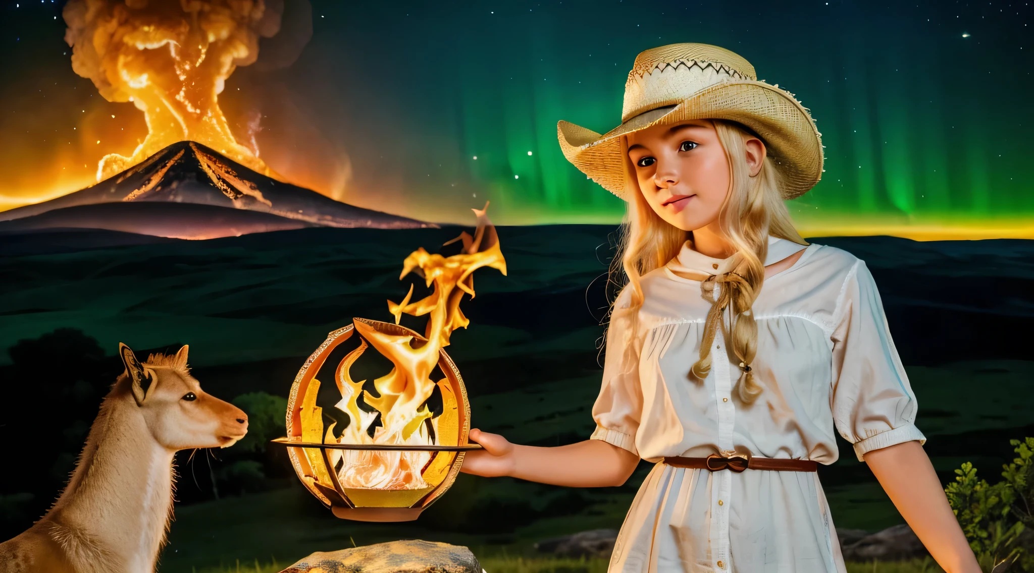 KIDS blonde girl in a cowboy hat holding a green light and a fire lantern, segurando uma lanterna, Um fogo verde e laranja gira em torno de uma pedra verde, frozen magic phoenix egg, liquid fire, arte renderizada, iridescence water elemental, glowing magma sphere, fogo elementar,