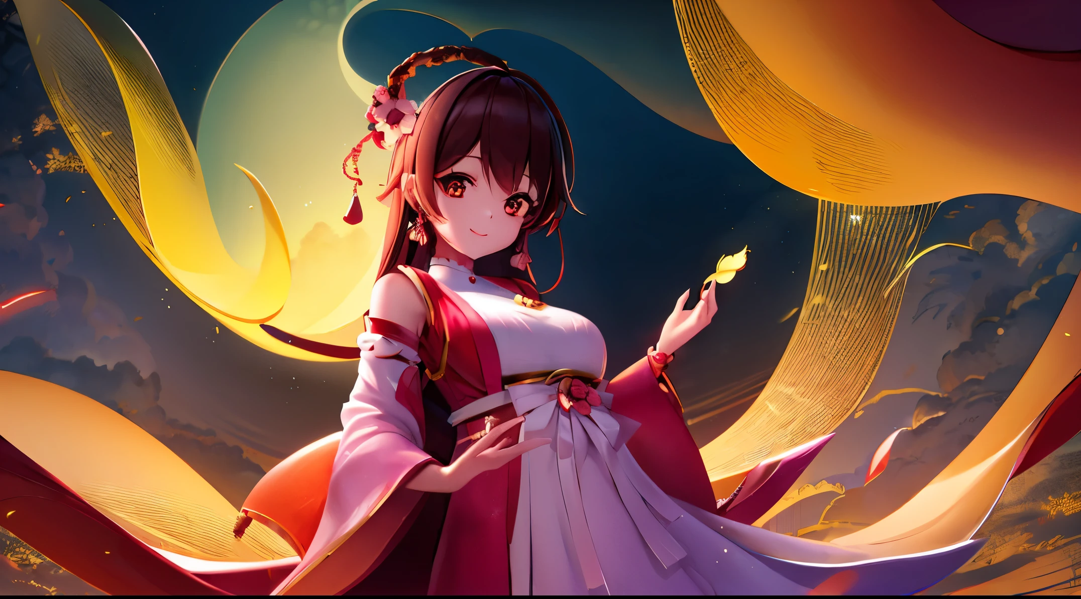 one-girl,Sugar gourd in hand,Wearing a plush cotton jacket,temple fair,lanternigure,The girl was smiling,is night,There is a big, yellow moon in the sky,Ambient light,noisy