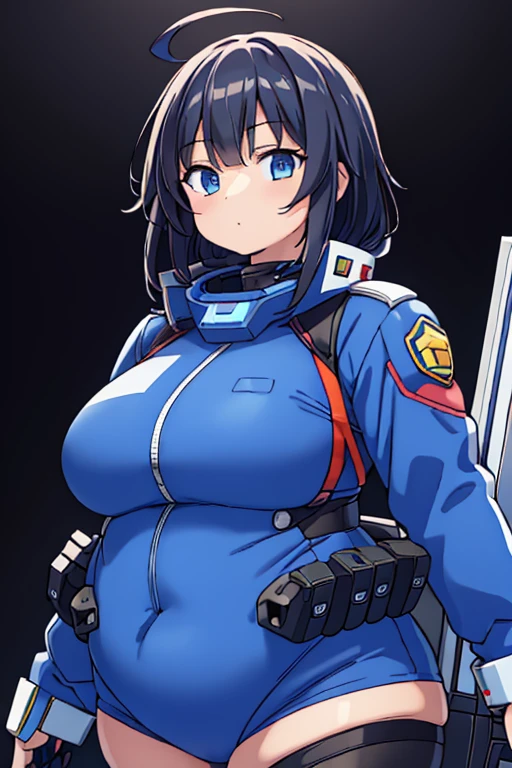 Chubby space fighter pilot girl, (bodysuit): 1.4, fat rolls, medium length black hair, ahoge, solid white background, cool pose, character select portrait