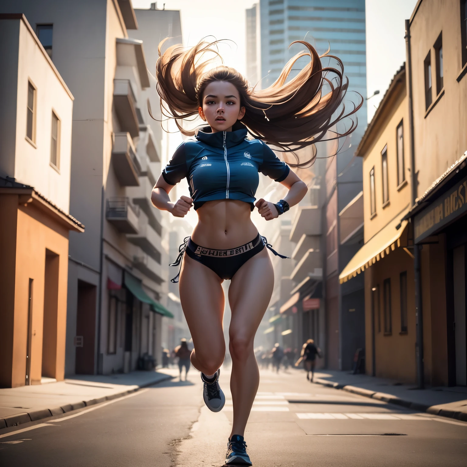 (best quality, 32k, RAW photo, incredibly absurdres, extremely detailed), A beautiful girl running towards you with all her might, background in town