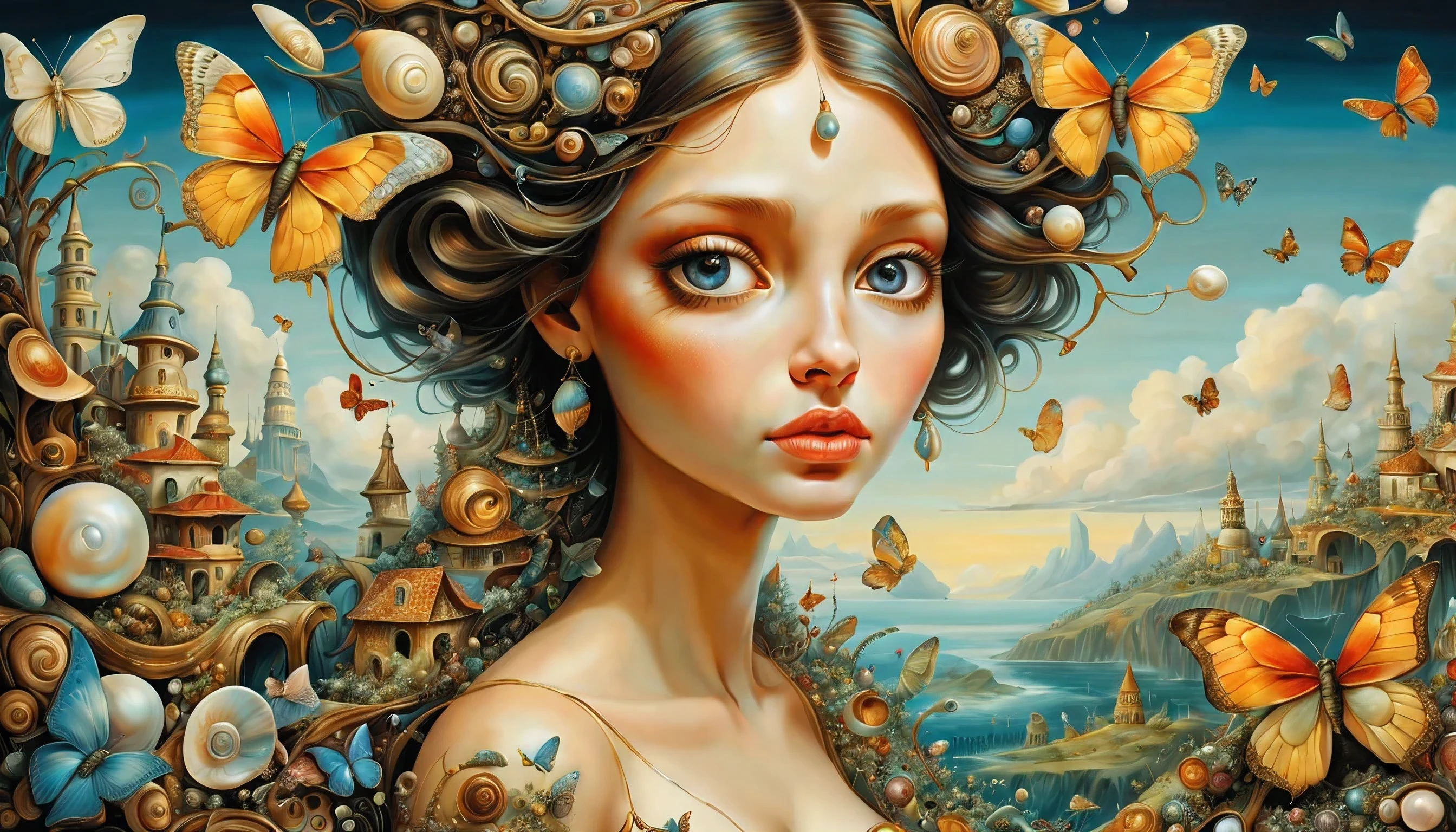 high quality, highly detailed, fantasy, At the forefront of this enchanting scene stands A Gorgeous Girl, a Mother of Pearl Loingloth .This surrealistic painting features(( Butterflys )) and Snail Houses draped over various objects computer, spaceship, Salvador Dalis face, in a dreamlike landscape. Its distorted reality and unsettling beauty in the style of Leonardo Davinchi,