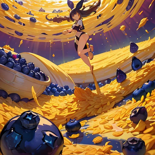 A pastry chef covered in chocolate parfait serving a giant banana、Amazing dynamism、Amazing Angle、Unstable buoyancy sandstorm、((Many friendly giant blueberries float closely together and chase each other.))、(surround each other'giant corn flakes)、
