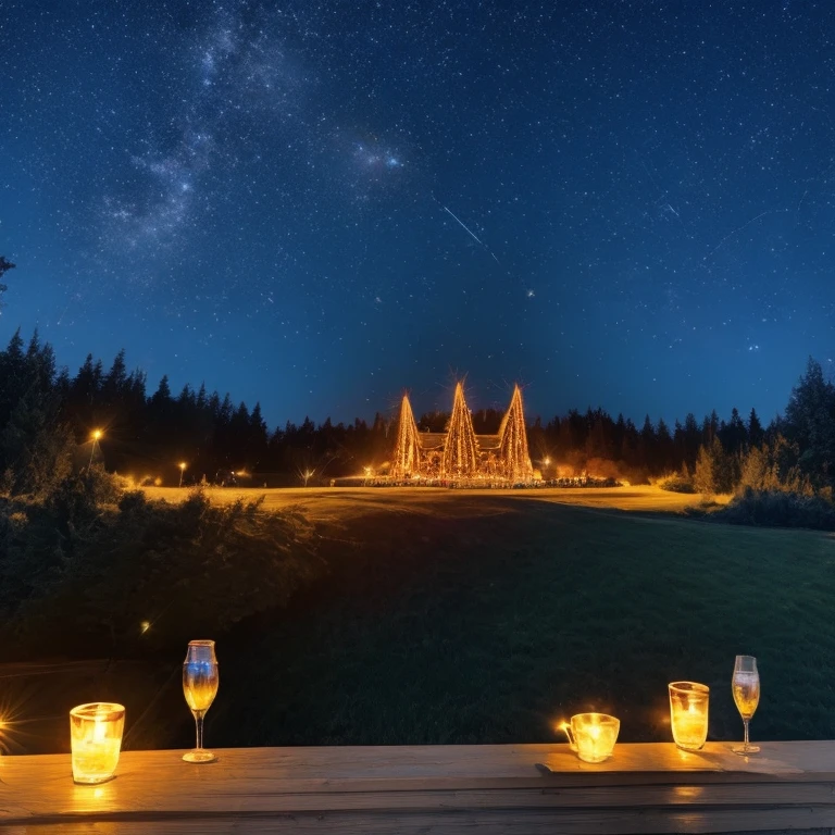 14:21:34 Beautiful starry night sky, mit volmond, viel feuerwerk, in the foreground two hands clink glasses, mit drinks