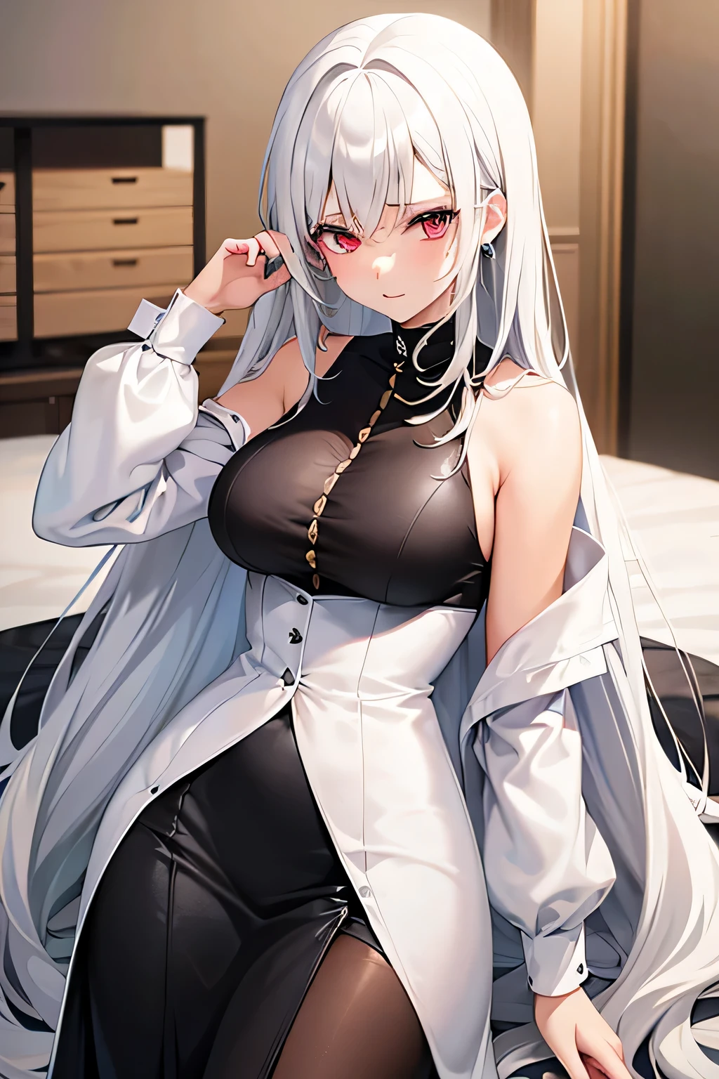 anime girl with white hair and a white shirt and black skirt, seductive anime girl, attractive anime girl, anime moe artstyle, cute anime waifu in a nice dress, anime visual of a cute girl, revealing clothes, highly detailed exquisite fanart, beautiful anime high school girl, long hair, XL Bust