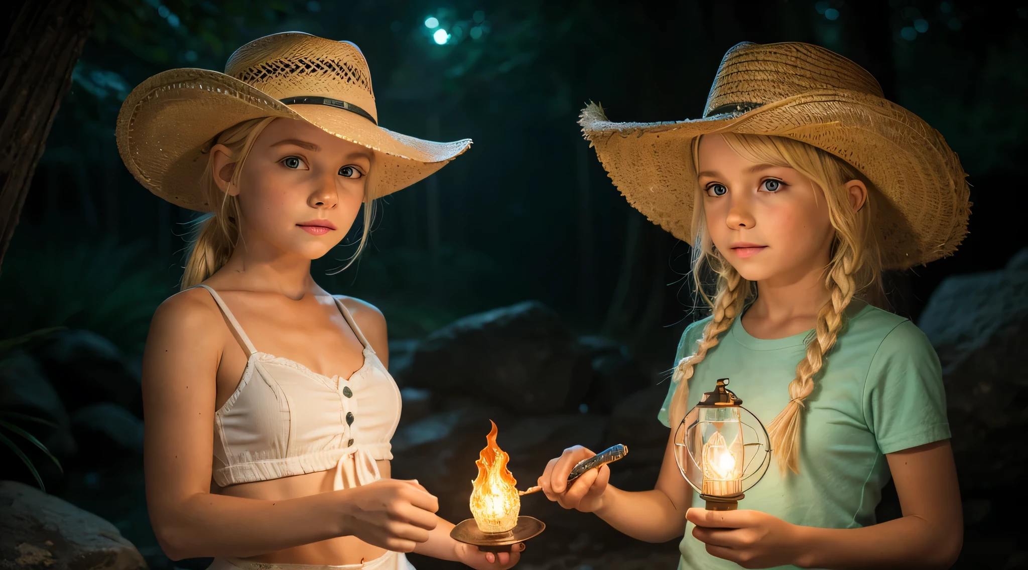 KIDS blonde girl in a cowboy hat holding a green light and a fire lantern, segurando uma lanterna, Um fogo verde e laranja gira em torno de uma pedra verde, frozen magic phoenix egg, liquid fire, arte renderizada, iridescence water elemental, glowing magma sphere, fogo elementar,