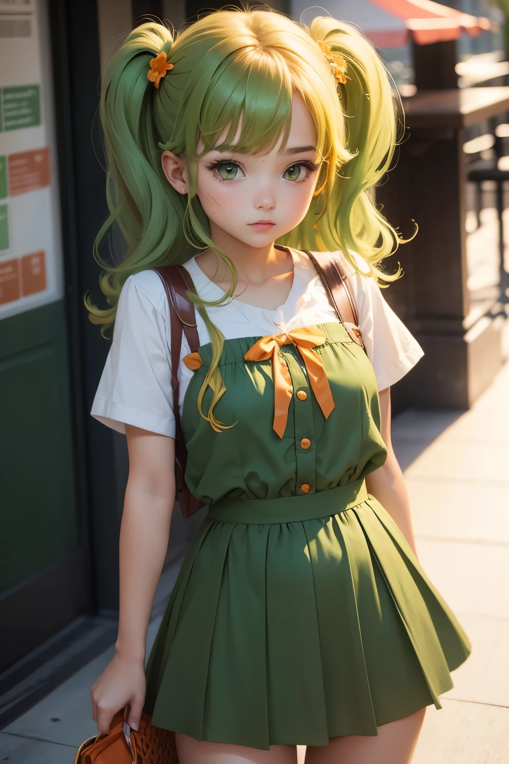 cute girl, Green and orange