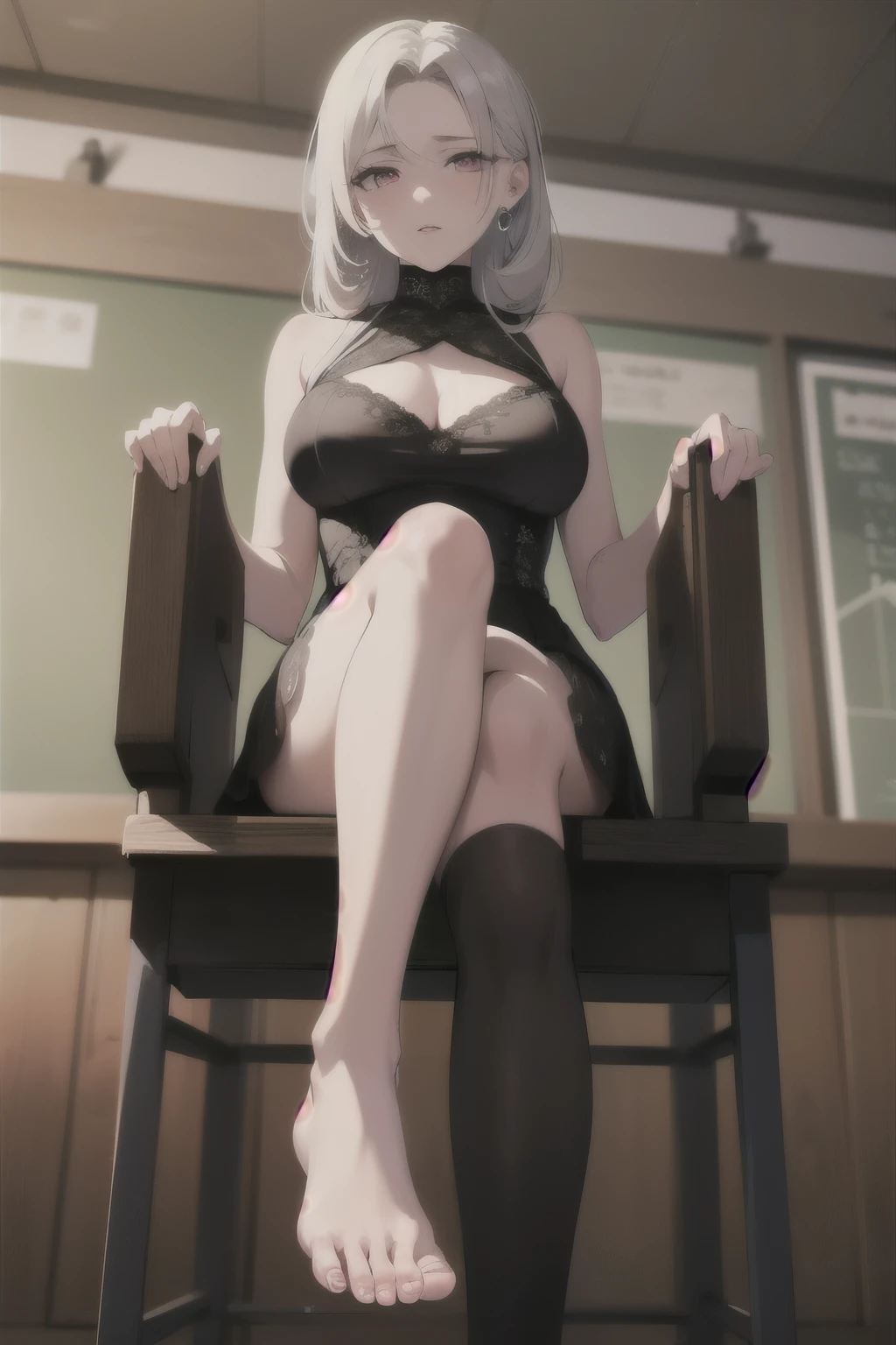 (masterpiece, best quality, ultra-detailed, best shadow), (detailed background), (beautifully detailed face), high contrast, ((cinematic light)), colorful, hyper detail, intricate details, Pixiv Anime Realism Trends, depth of field,

1girl, solo, (ara ara mature femdom look) opulent sexy slut outfit, 

The expression is domineering and rampant and alluring, (perfect beautiful face), royalty presence, pink eyes, very long braid),

feet, perfect feet. bare legs soles, five toes,

towering over you, sitting on the high chair, classroom background