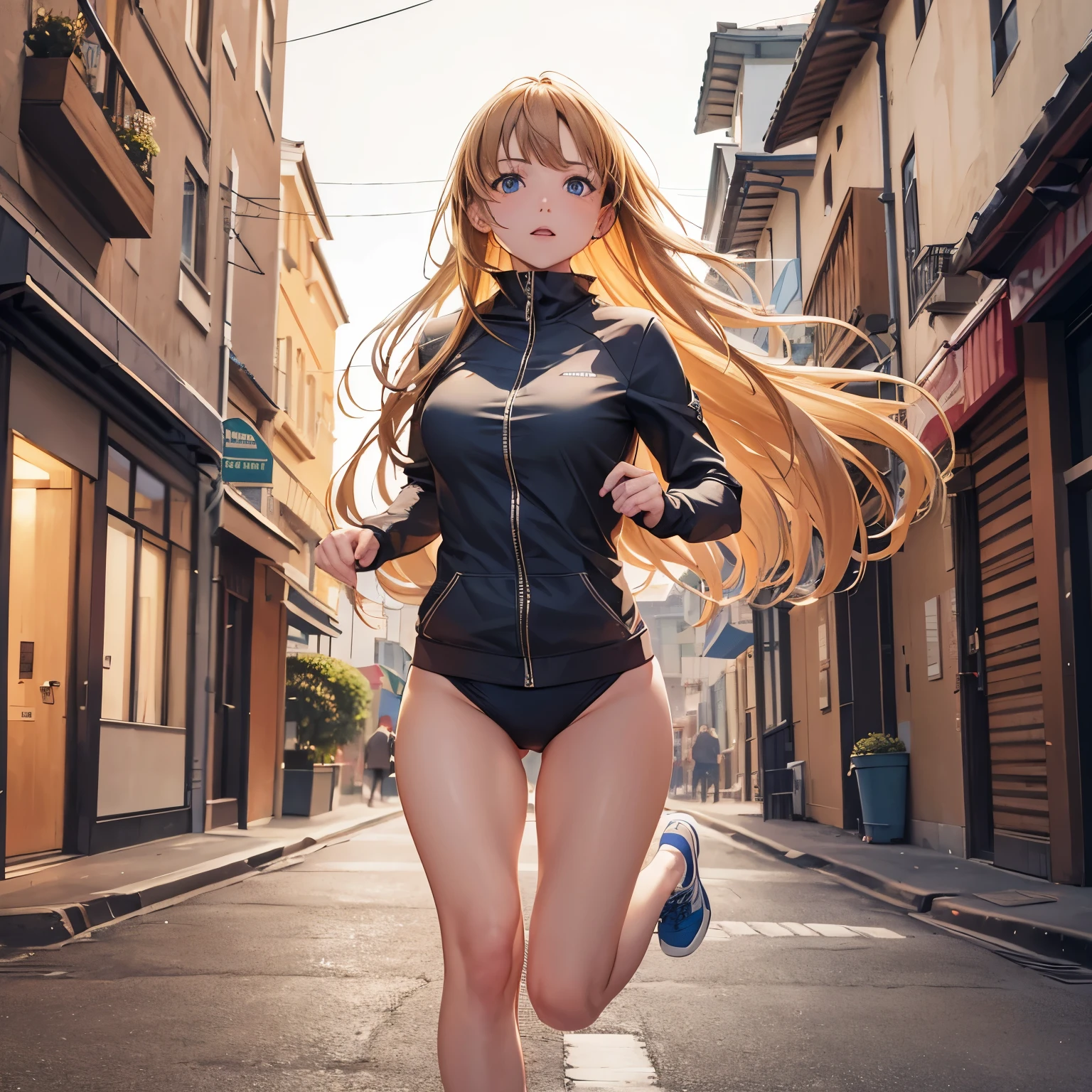 (best quality, 32k, RAW photo, incredibly absurdres, extremely detailed), A beautiful girl running towards you with all her might, background in town