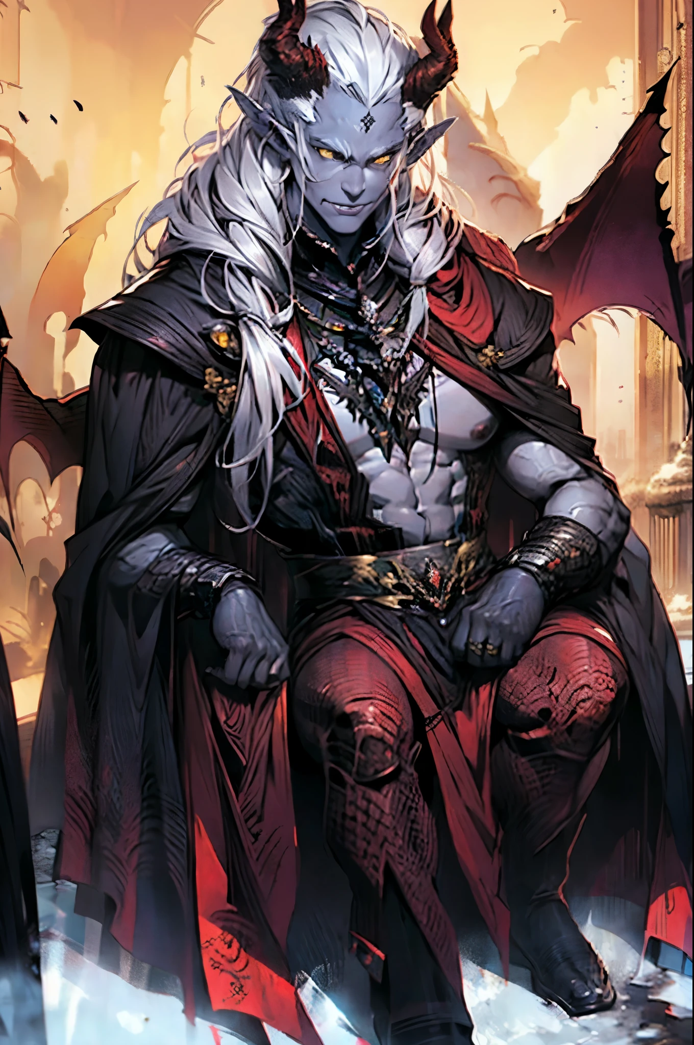 The Man with the Gray Skin, demon, A devil with horns and curls that grow out of his forehead, red skin, Yellow eyes, tiefling, Devil's Tail.