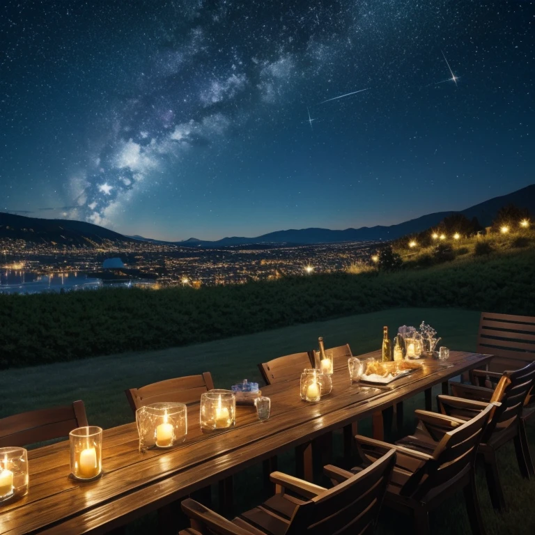 14:21:34 Beautiful starry night sky, mit volmond, viel feuerwerk, in the foreground two hands clink glasses, mit drinks