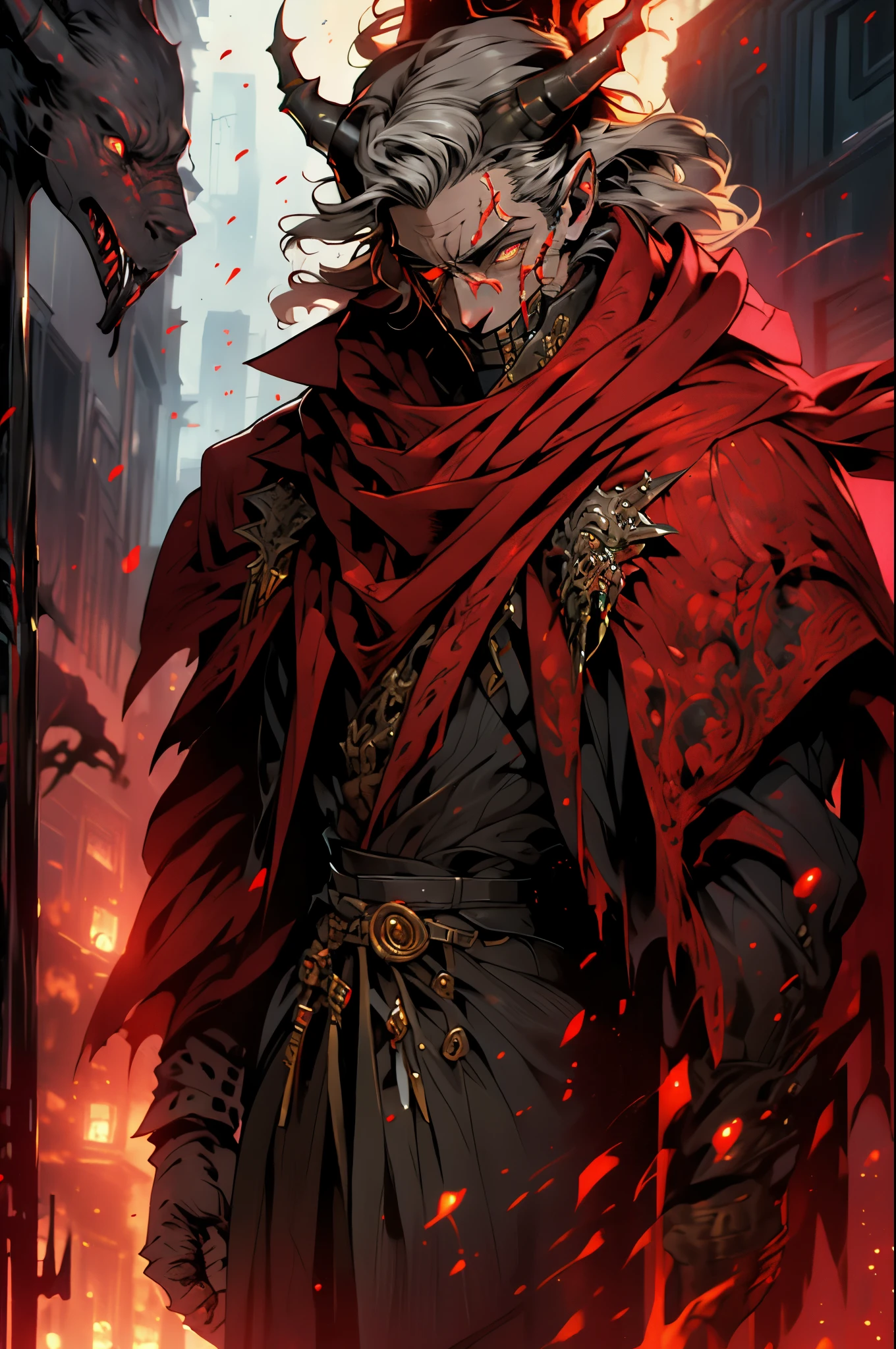 a cool looking male vampire, long black hair, fangs, holding a red scythe, wearing red themed ghoul clothing, humanoid creature, glowing red eyes, dark background, intricate details, cinematic lighting, moody atmosphere, gothic horror, dark fantasy, dramatic shadows, intense colors, hyper realistic, 8k, masterpiece