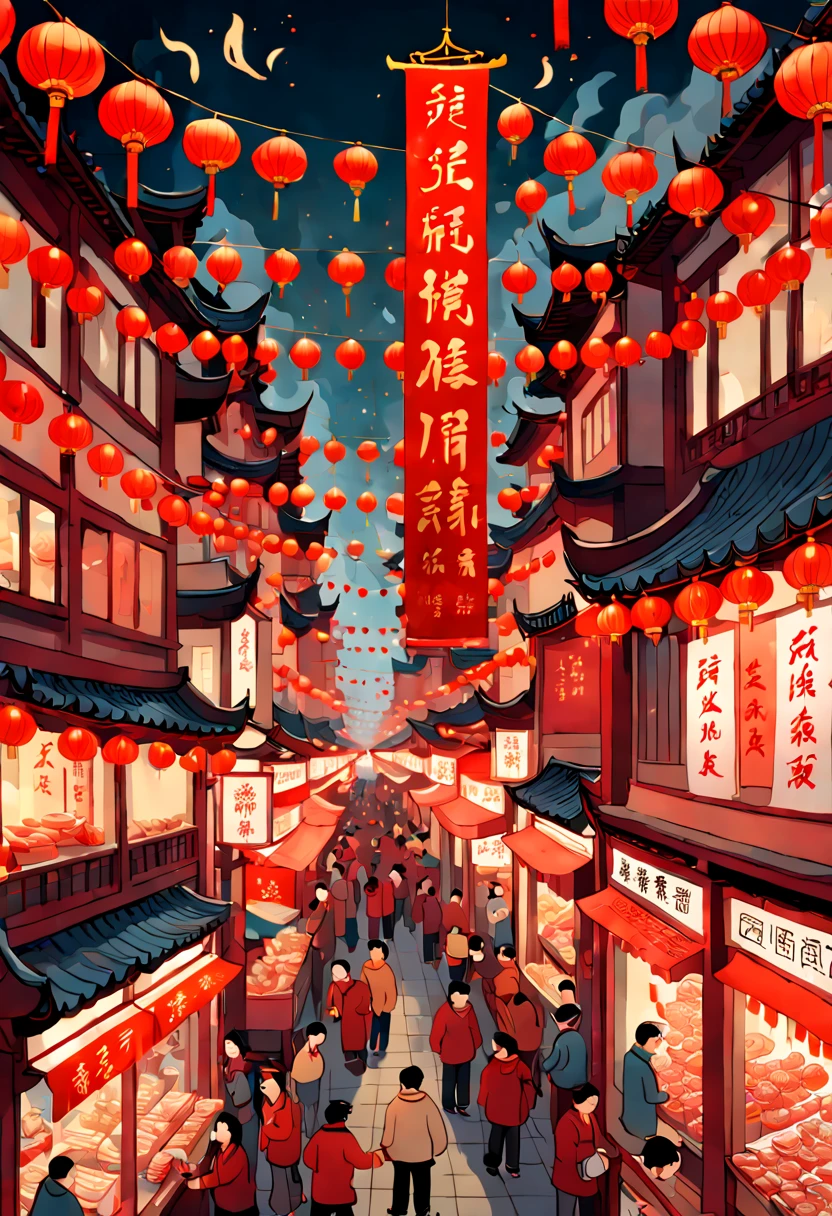 An intricate vertical New Year's scroll painting in traditional Chinese style depicting a busy street market scene in Shanghai during Chinese New Year celebrations. People bargaining and buying decorations and food, red lanterns hanging overhead, firecrackers lighting up the night sky.