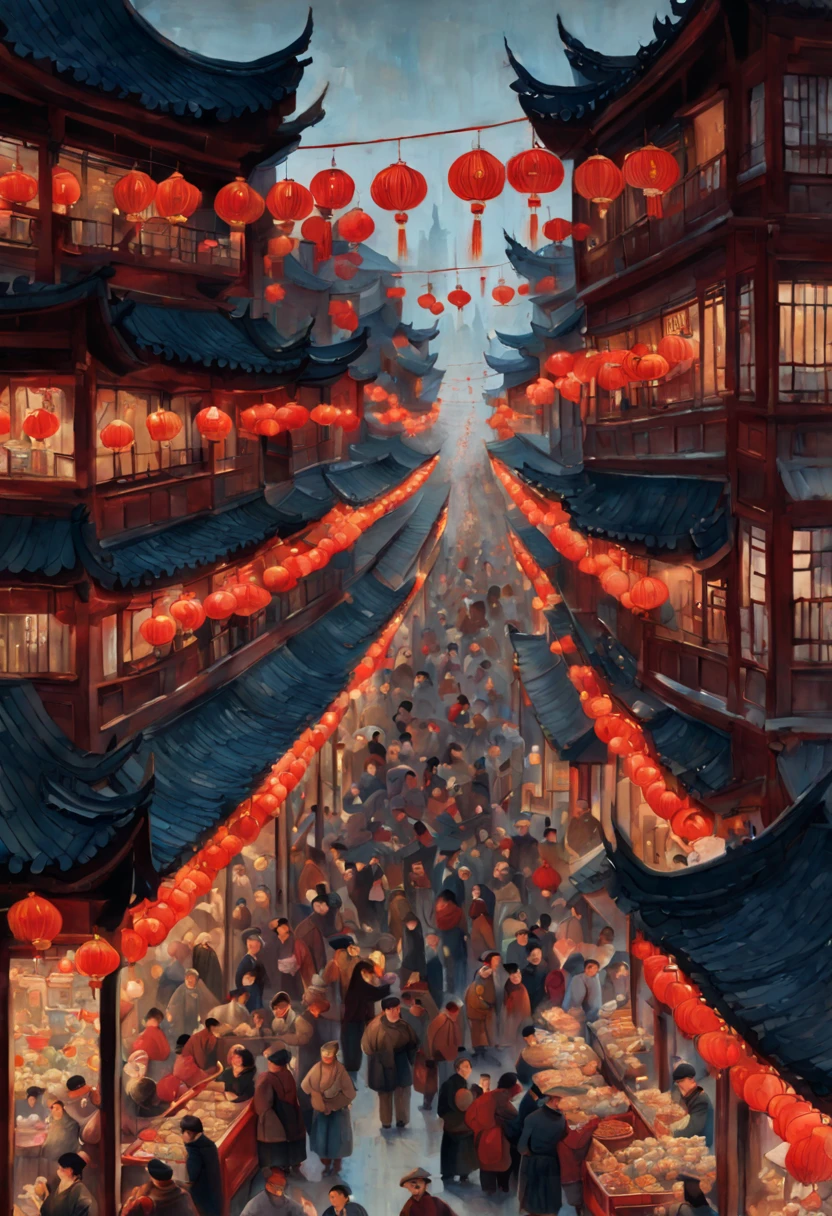 An intricate vertical New Year's scroll painting in traditional Chinese style depicting a busy street market scene in Shanghai during Chinese New Year celebrations. People bargaining and buying decorations and food, red lanterns hanging overhead, firecrackers lighting up the night sky.