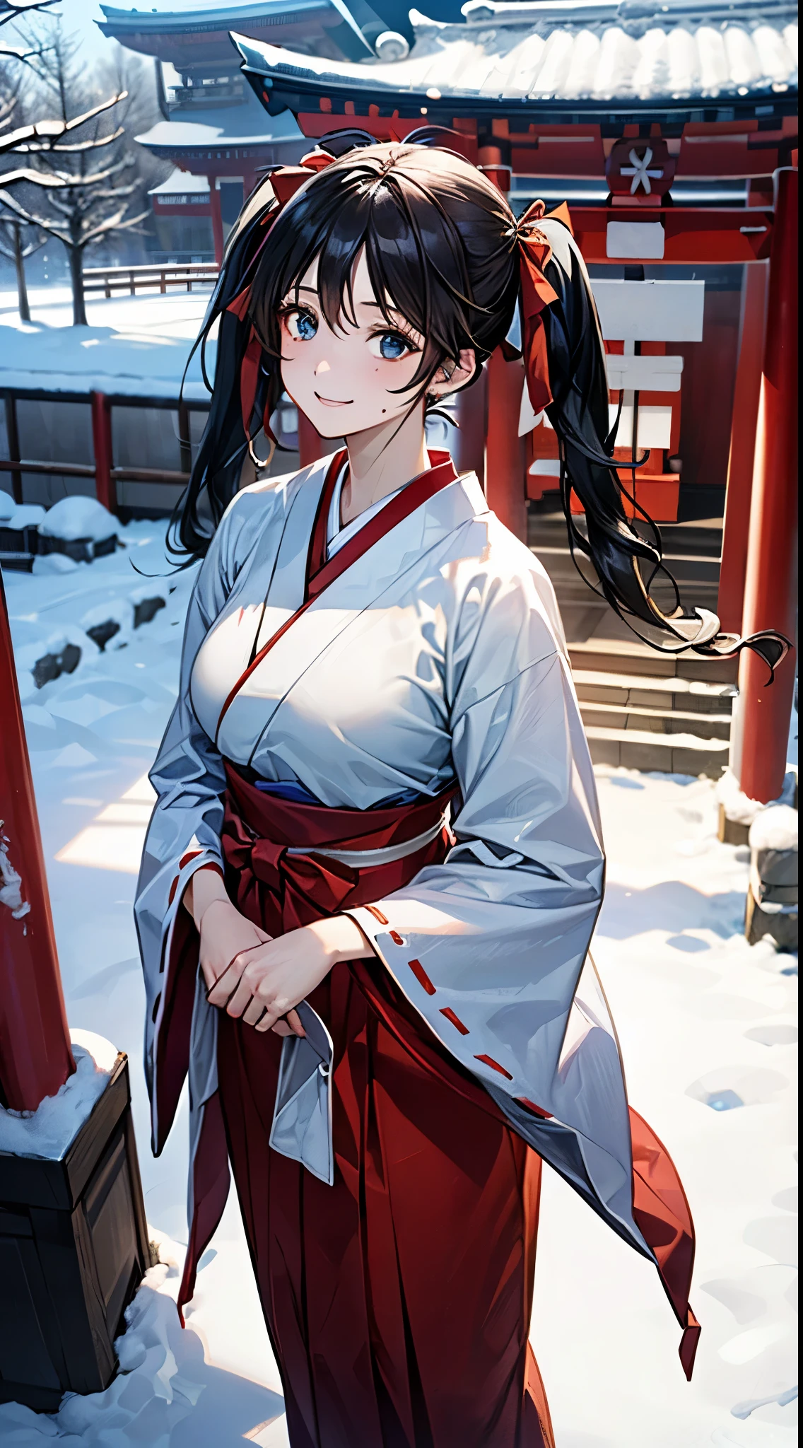 ((perfect anatomy, anatomically correct, super detailed skin)),
1 girl, japanese, , shiny skin, large breasts:0.5, looking up, watching the view,
((miko clothes, long sleeve, long hakama, hair ribbon)), break,
beautiful hair, beautiful face, beautiful detailed eyes, (middle hair:1.5, twintail:1.7), ((black hair)), blue eyes, babyface, monder eye, break,
((lovely smile, happy)), standing, walking, holding exorcism stick,
(beautiful scenery), winter, dawn, (new year's day, first visit), (shinto shrine), crowd, snow, snowfall:1.5, freezing weather, frost,
(8k, top-quality, masterpiece:1.2, extremely detailed), (photorealistic:1.2), sunlight, beautiful art, visual art, depth of fields, natural lighting,