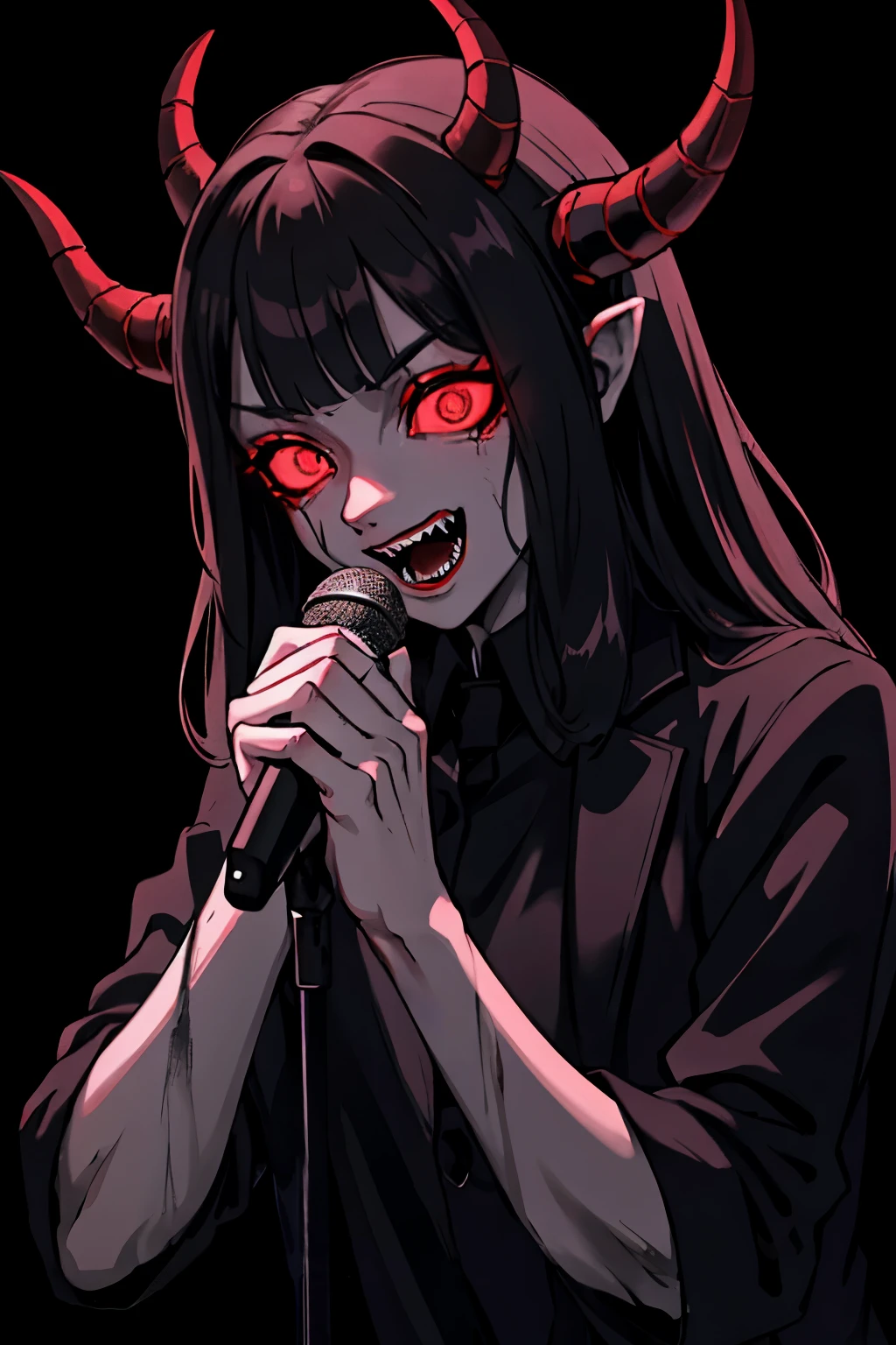 A close-up view of only the sinister and glowing devil's eyes, Dark and chilling horror movie elements, perfect masterpiece, High quality, High resolution,Singing with a microphone