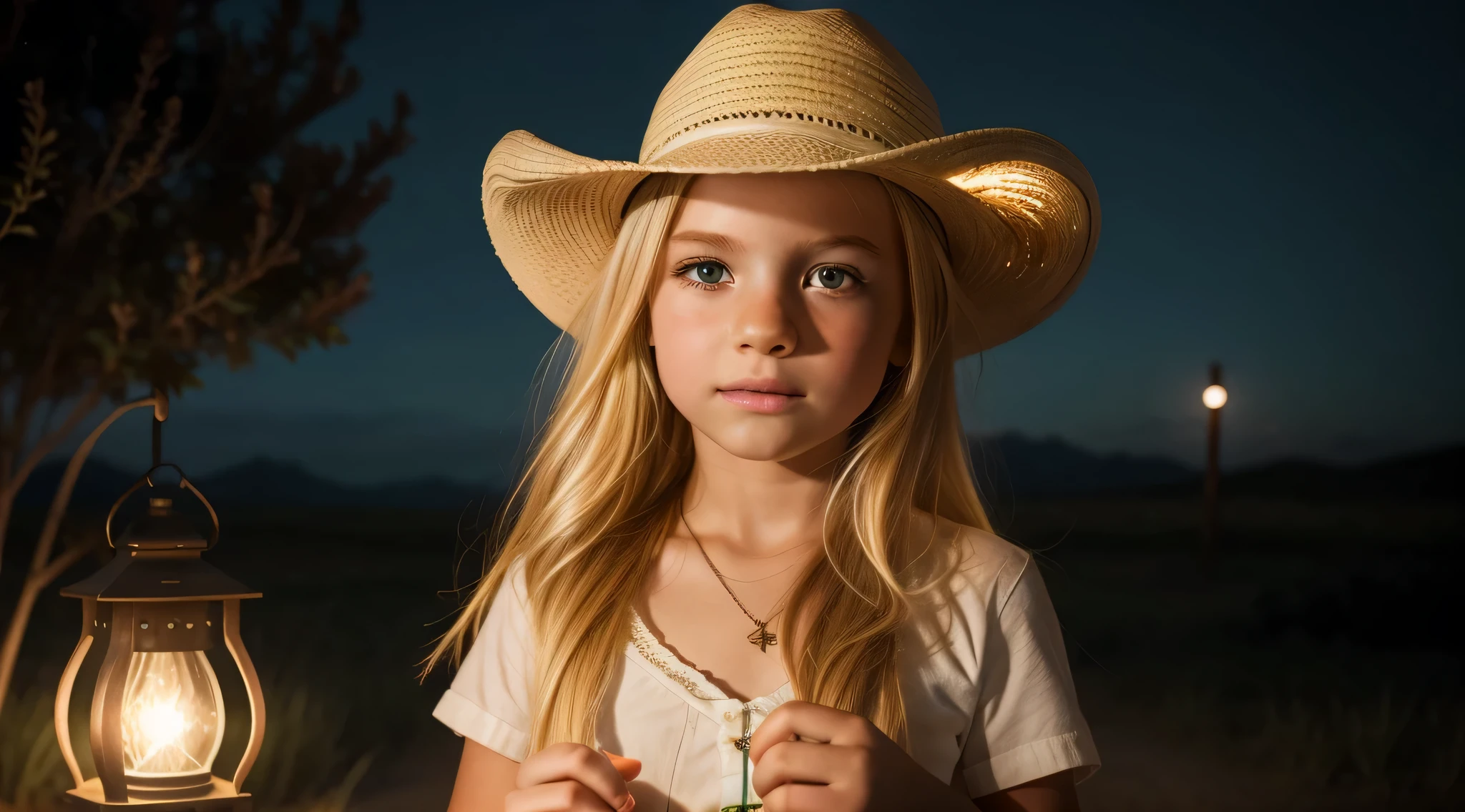 KIDS blonde girl in a cowboy hat holding a green light and a fire lantern, segurando uma lanterna, Fogo dentro de uma esfera de vidro, fundo branco, without reflection, sem sombra