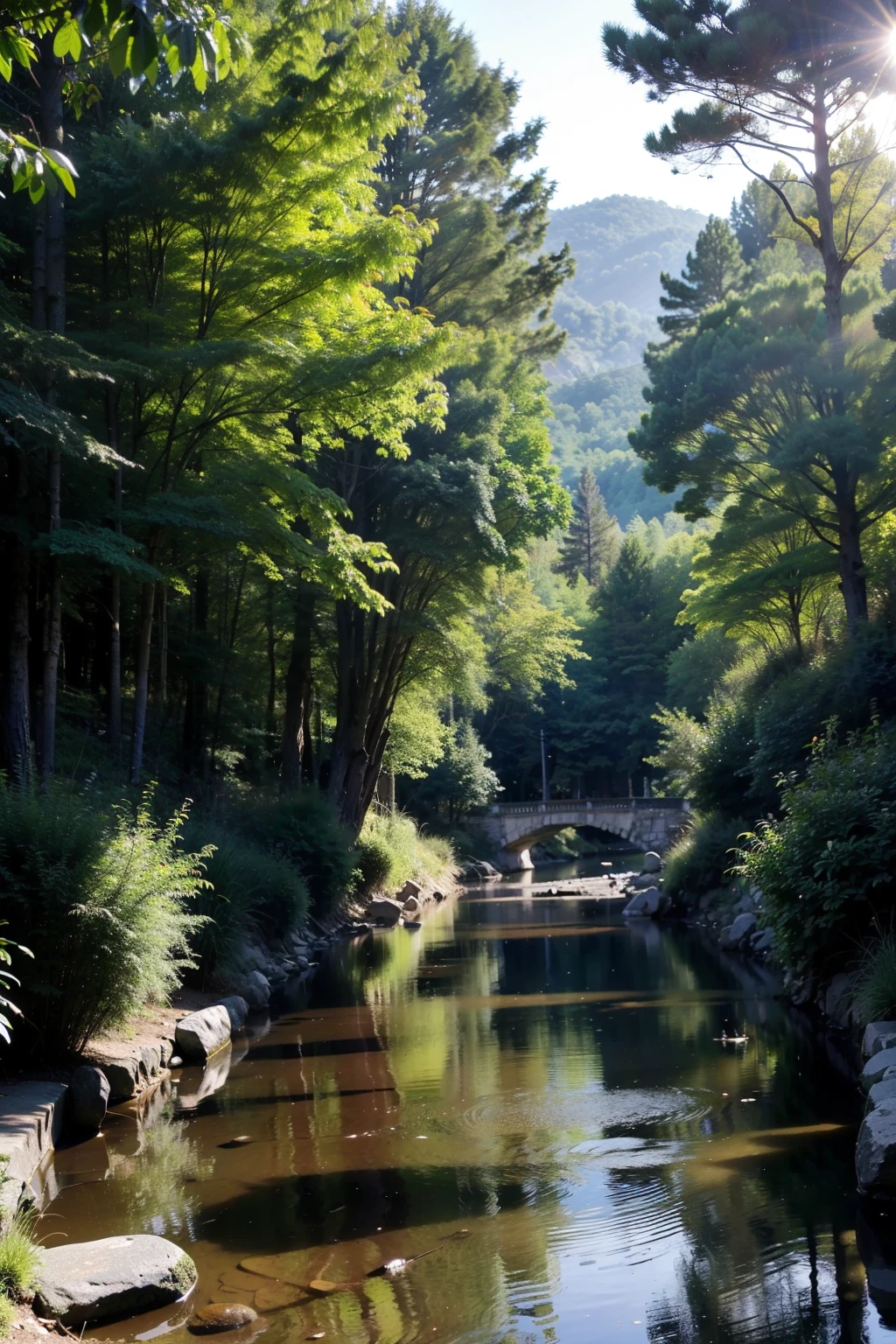 ((Best quality at best)), ((tmasterpiece)), (detailed),The river flows gently between the mountains and the forest,The detailed background rendering makes the scenery a masterpiece.,Beneath the ultimate picture quality,The sun converges into a large aperture during the day,The clouds are leisurely,Looking Up The Sky。