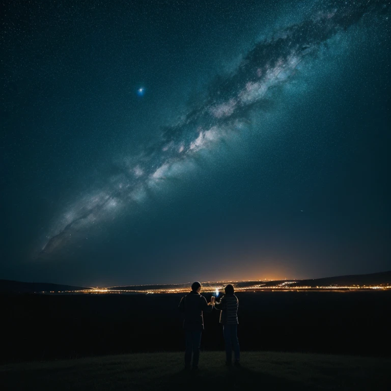 14:21:34 Beautiful starry night sky, mit volmond, viel feuerwerk, in the foreground two hands clink glasses, mit drinks