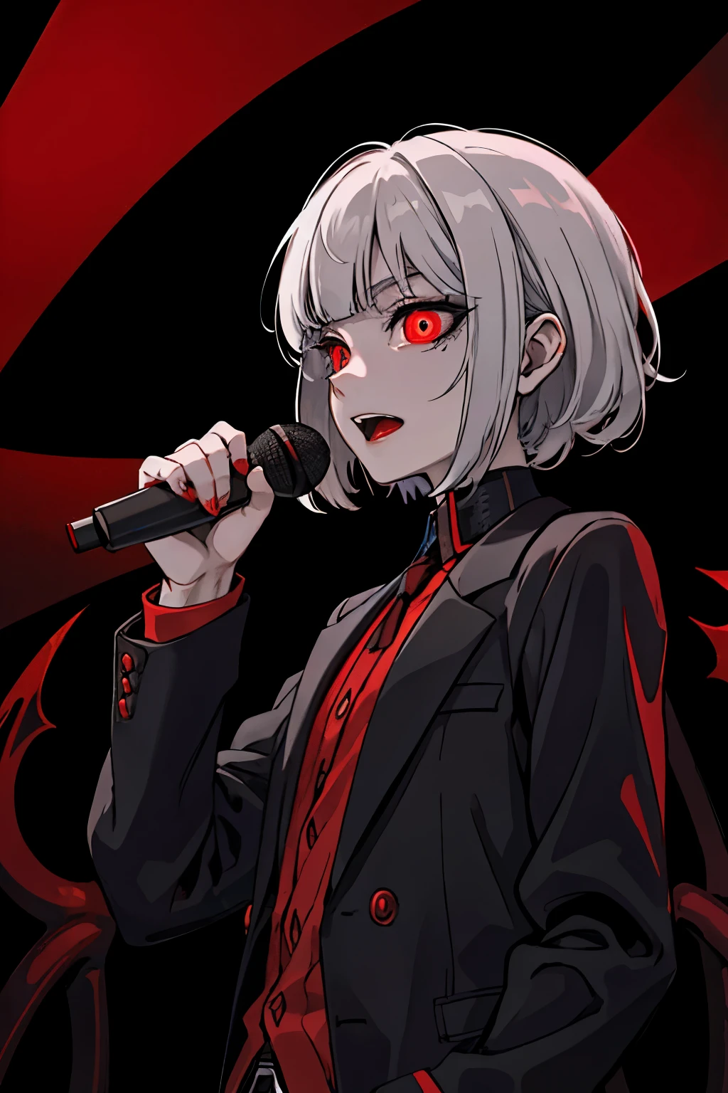 A close-up view of only the sinister and glowing devil's eyes, Dark and chilling horror movie elements, perfect masterpiece, High quality, High resolution,Singing with a microphone